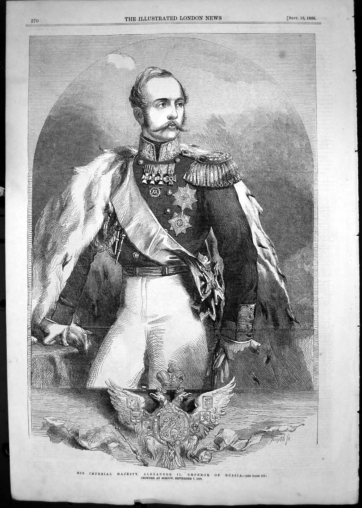 Old Antique Print 1856 Portrait Imperial Majesty Alexander Emperor Russia 19th