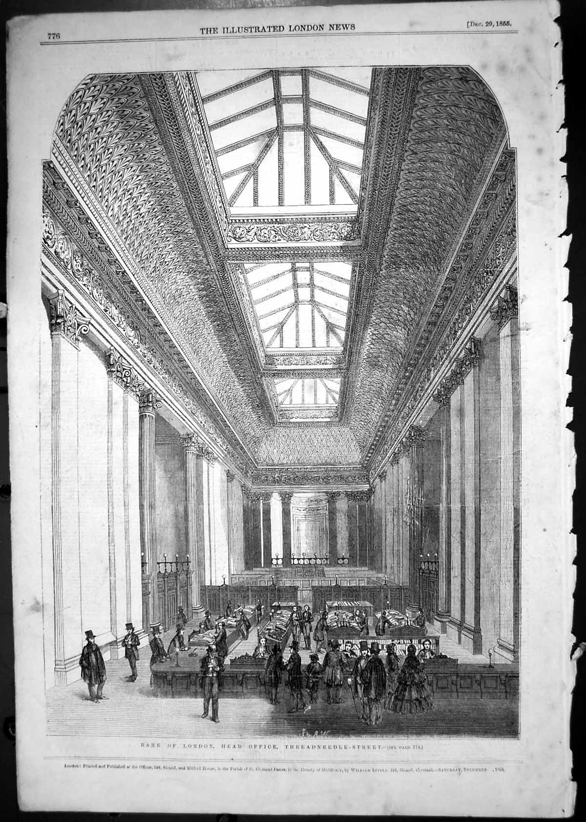 Antique Old Print 1855 Interior Bank London Head Office Threadneedle Street