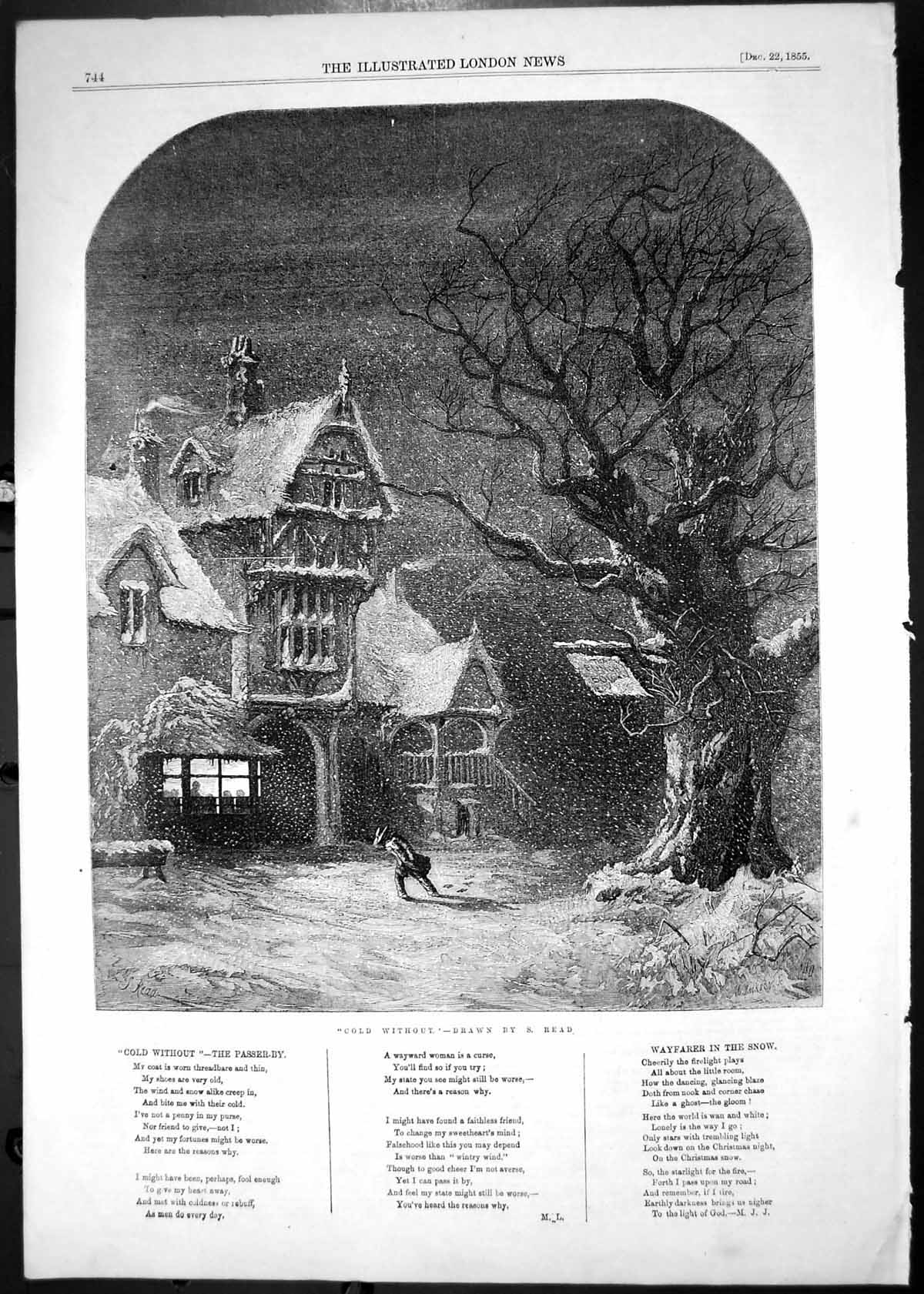 Original Old Antique Print 1855 CWithout Passer By Poem Read Snow Winter Scene