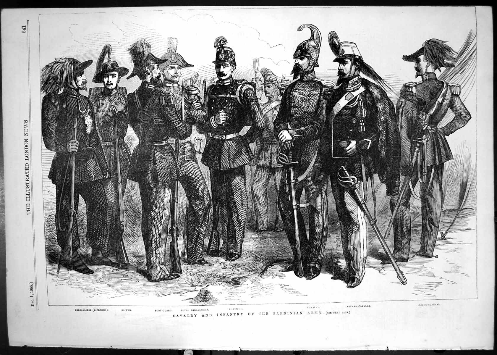 Old Print Cavalry Infantry Sardinian Army Sapper Chasseurs Riflemen 1855 19th