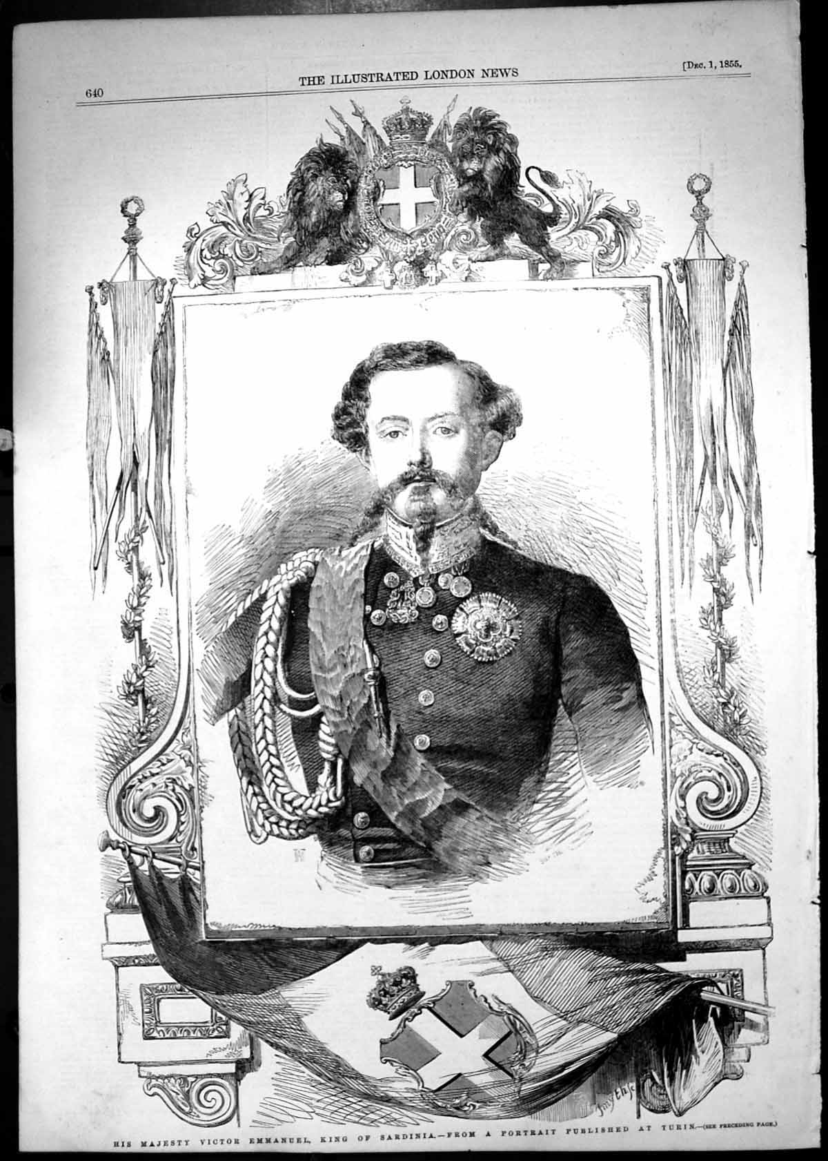 Antique Print Portrait His Majesty Victor Emmanuel King Sardinia Turin 1855