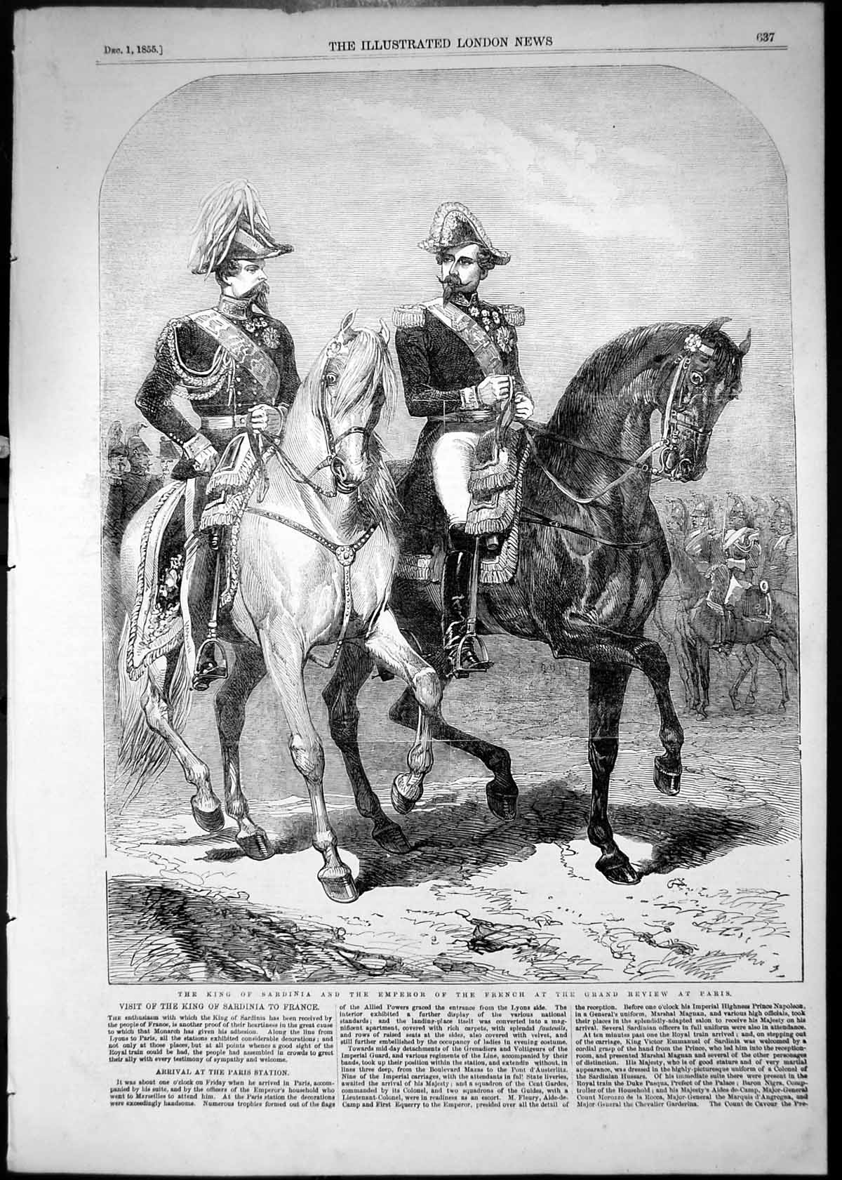 Antique Old Print 1855 King Sardinia Emperor French Grand Review Paris France