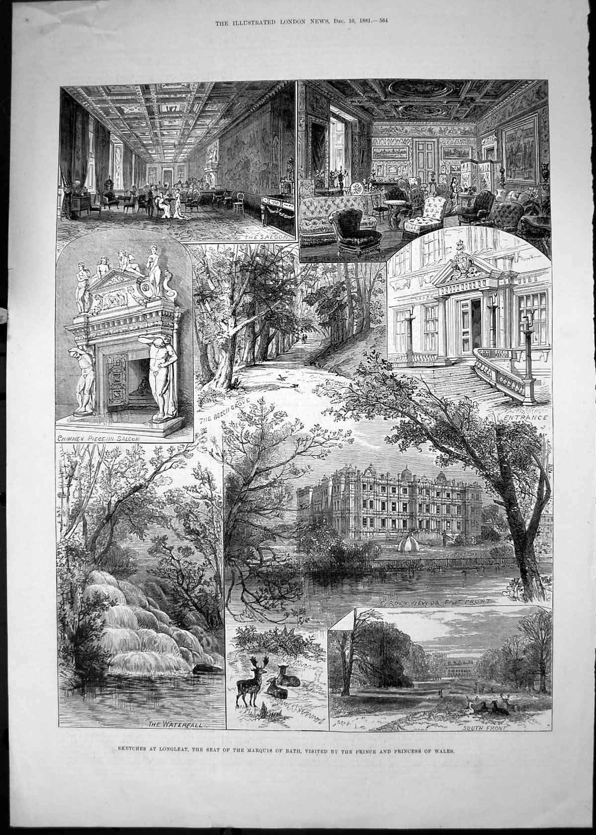 Antique Print Longleat Marquis Bath Prince Wales Waterfall Garden View 1881