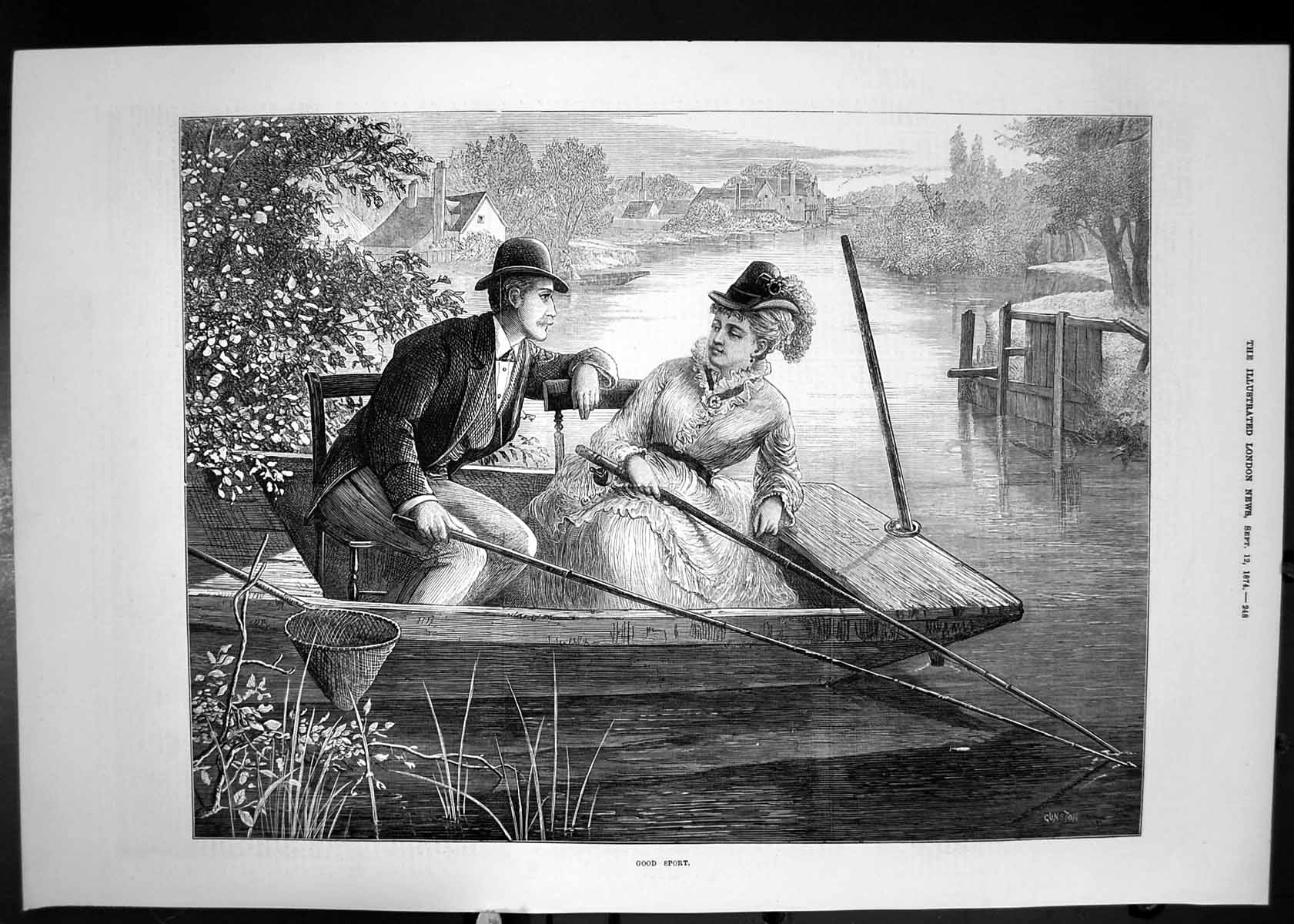 Original Old Antique Print Good Sport Man Lady Romance Fishing River Boat 1874