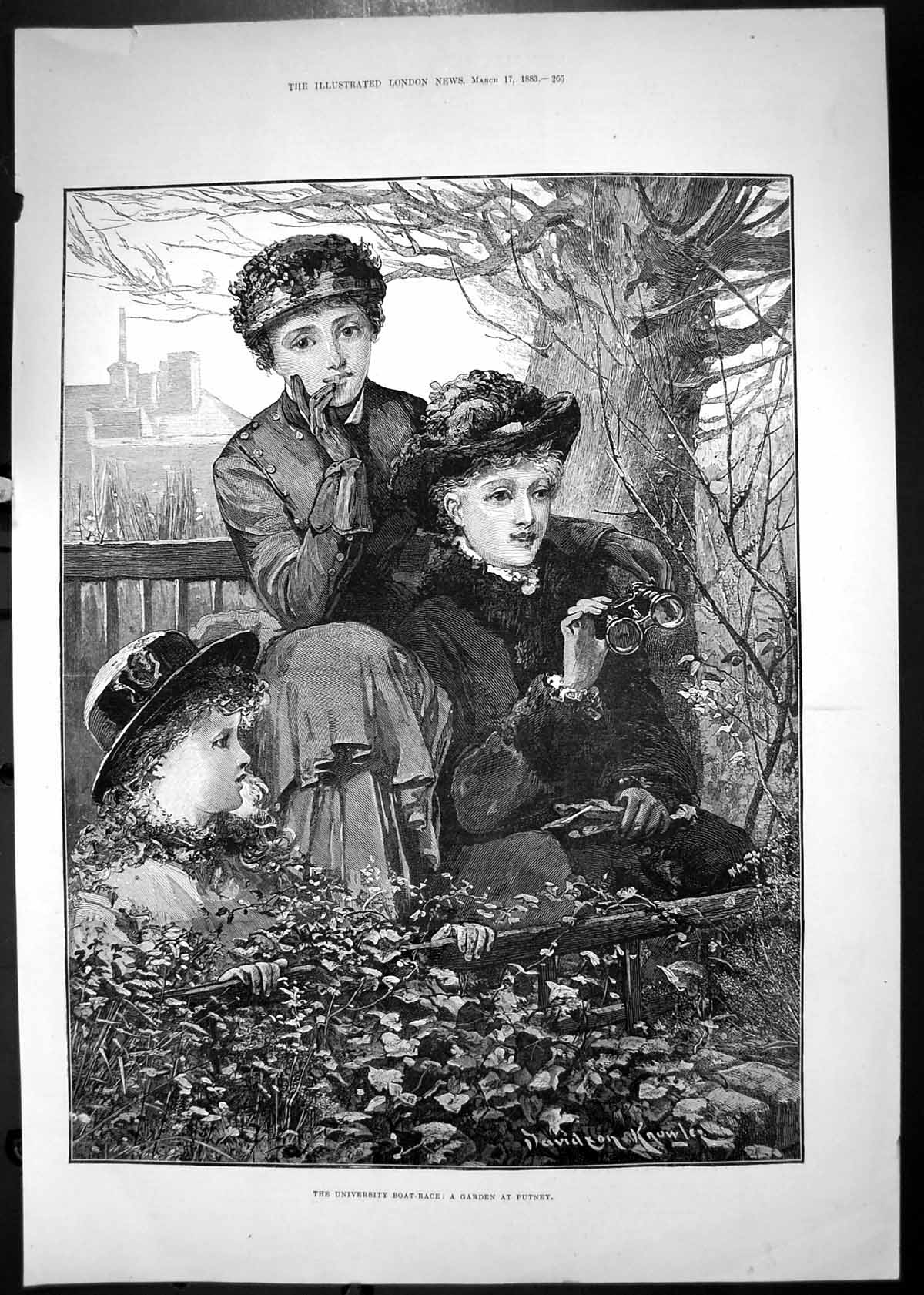 Antique Old Print 1883 University Boat Race Garden Scene Putney Spectators 19th