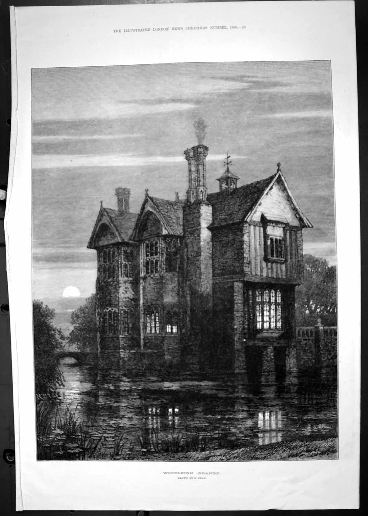 Antique Old Print Exterior Woodleigh Grange Mansion House Moonlight Read 1880