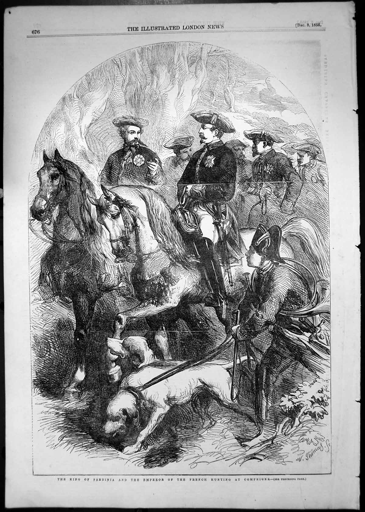 Old Print King Sardinia Emperor French Hunting Compeigne Dogs Horses 1855 19th