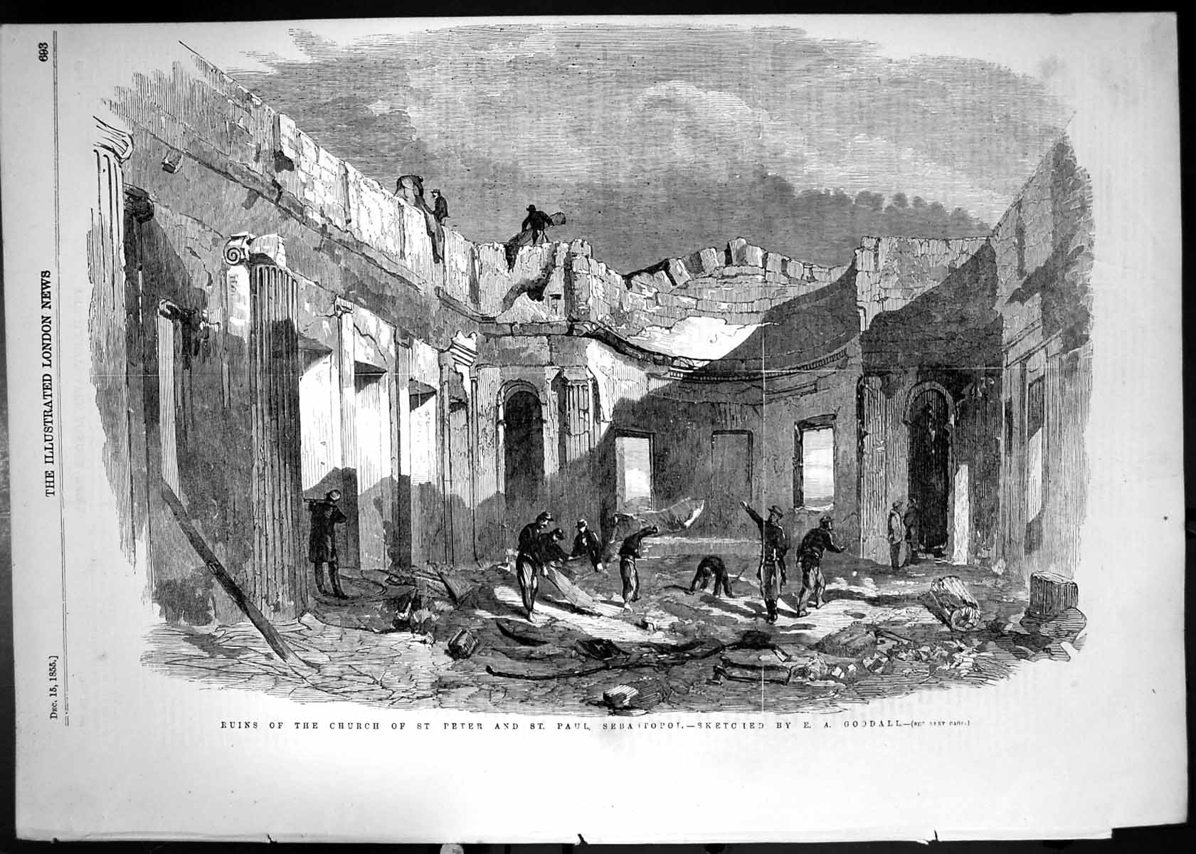 Original Old Antique Print 1855 Ruins Church St Peter Paul Sebastopol Goodall