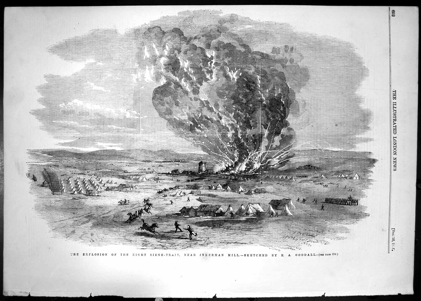 Original Old Antique Print War Explosion Siege Train Inkerman Mill Goodall 1855