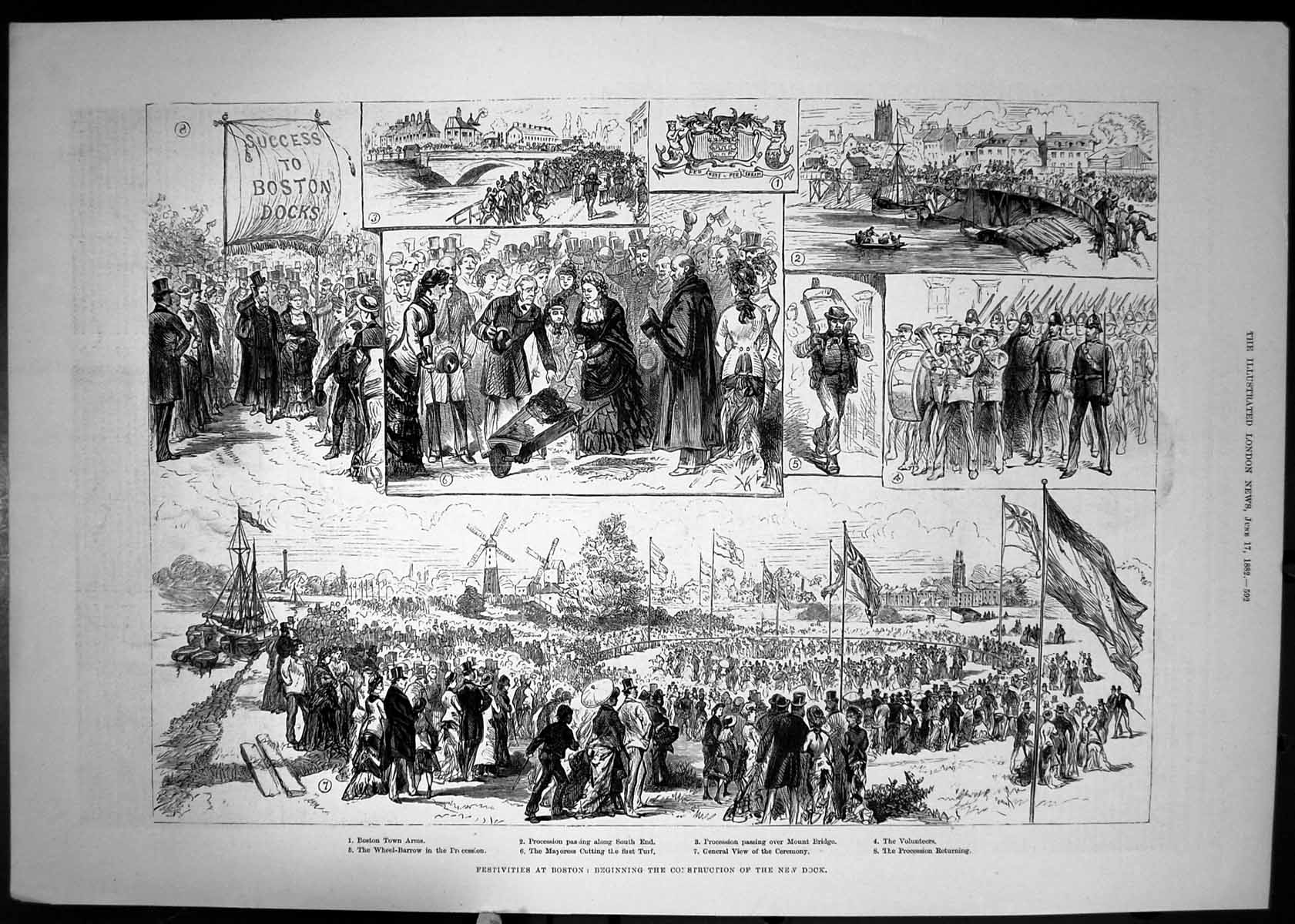 Antique Old Print 1882 Festivities Boston Construction New Dock Mount Bridge