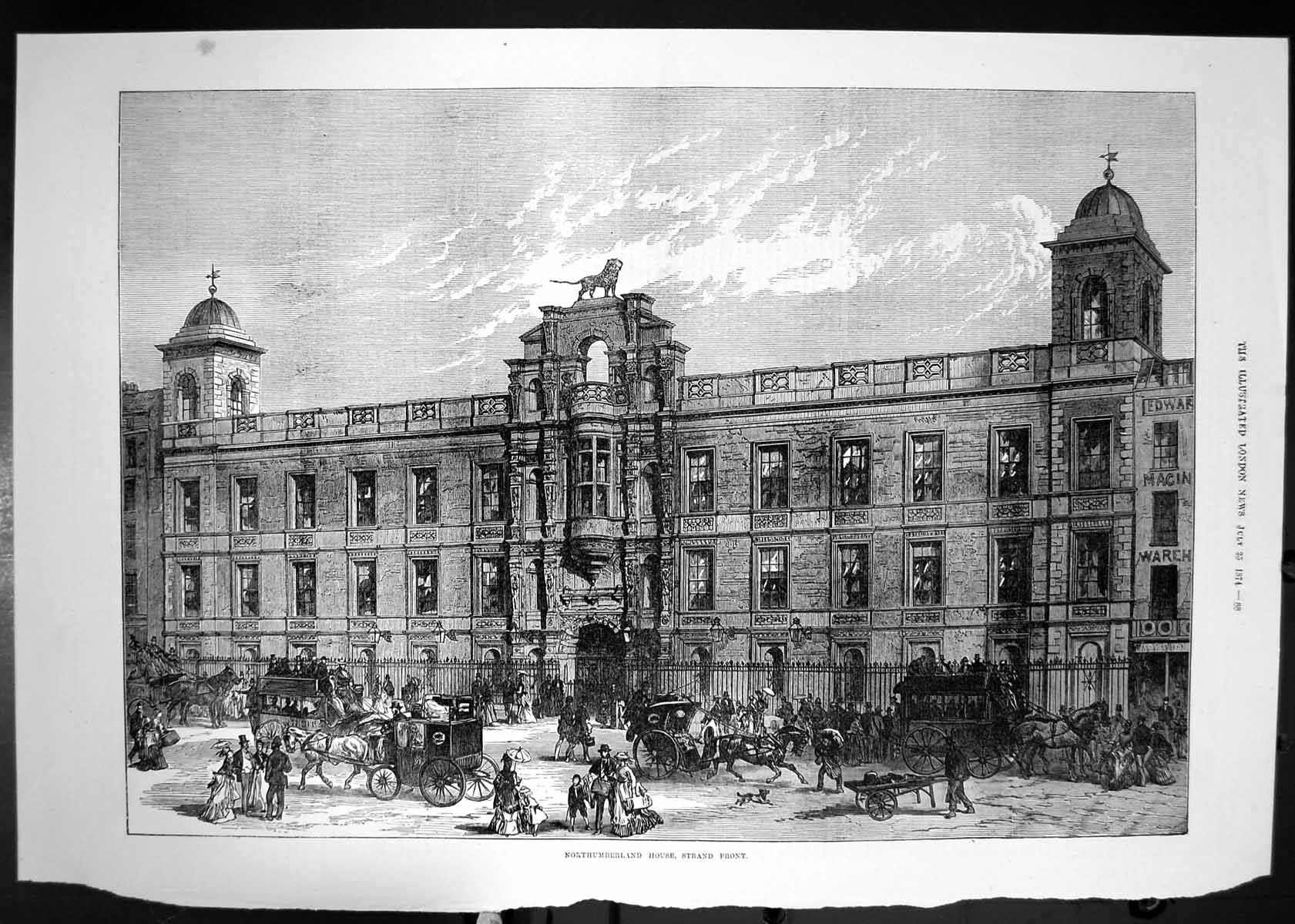 Original Old Antique Print Northumberland House Strand Front Architecture 1874