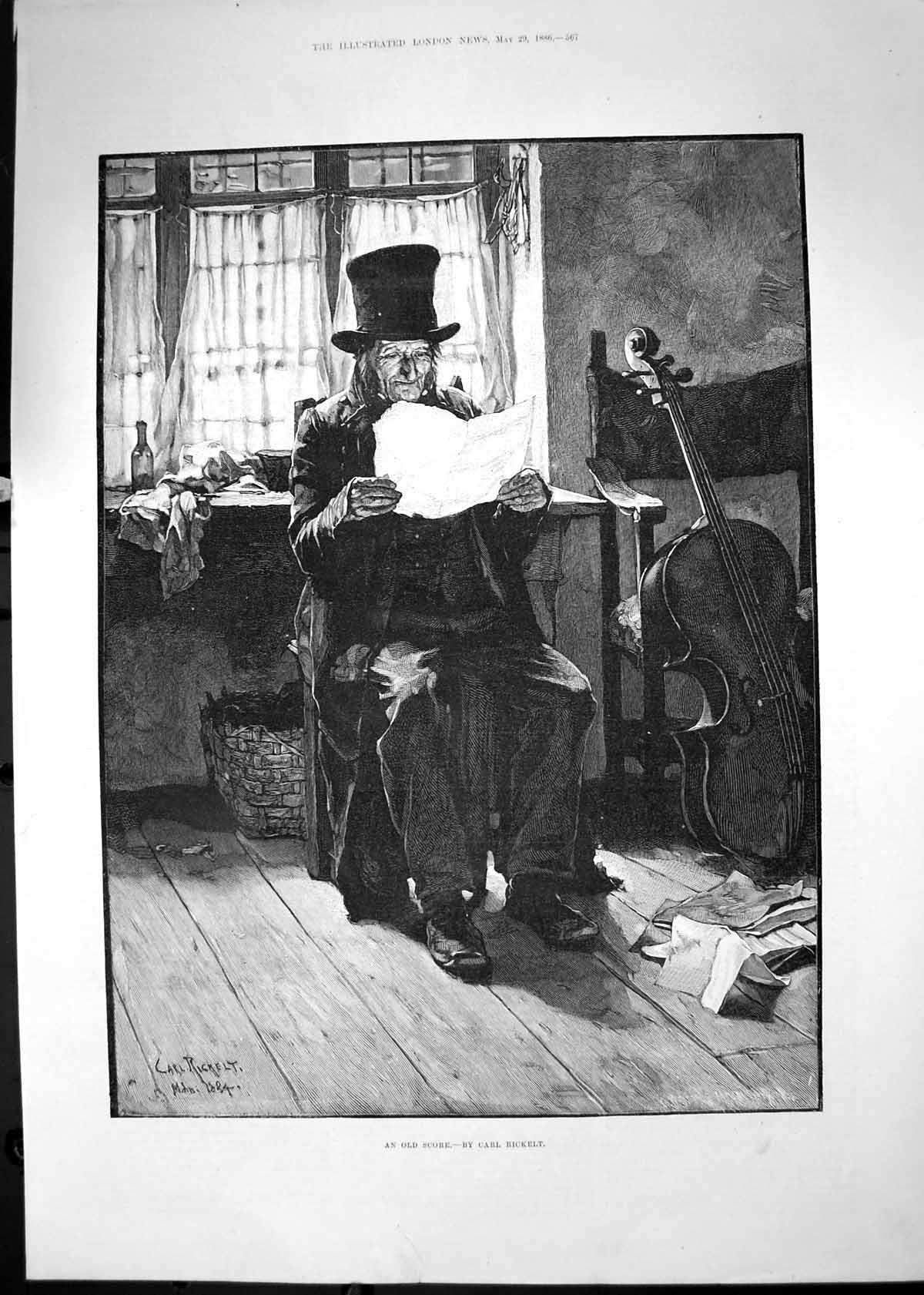 Original Old Antique Print Score Man Reading Letter Carl Rickelt 1886 Victorian