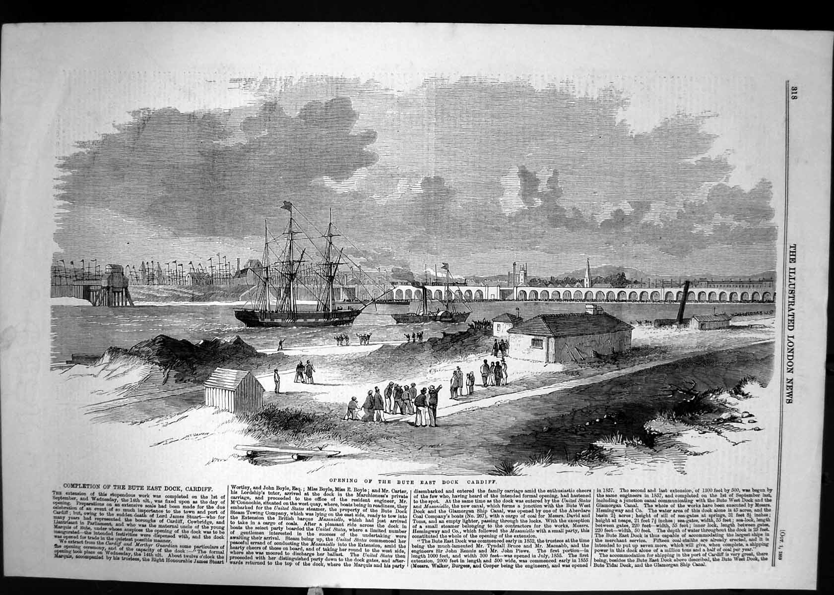 Original Old Antique Print Opening Bute East Dock Cardiff Ships Boats 1859 19th