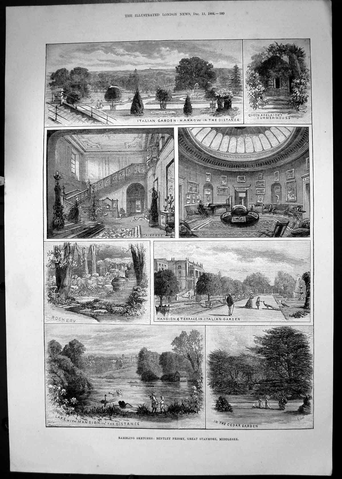 Old 1884 Bentley Priory Great Stanmore Middlesex Italian Garden Lake Victorian