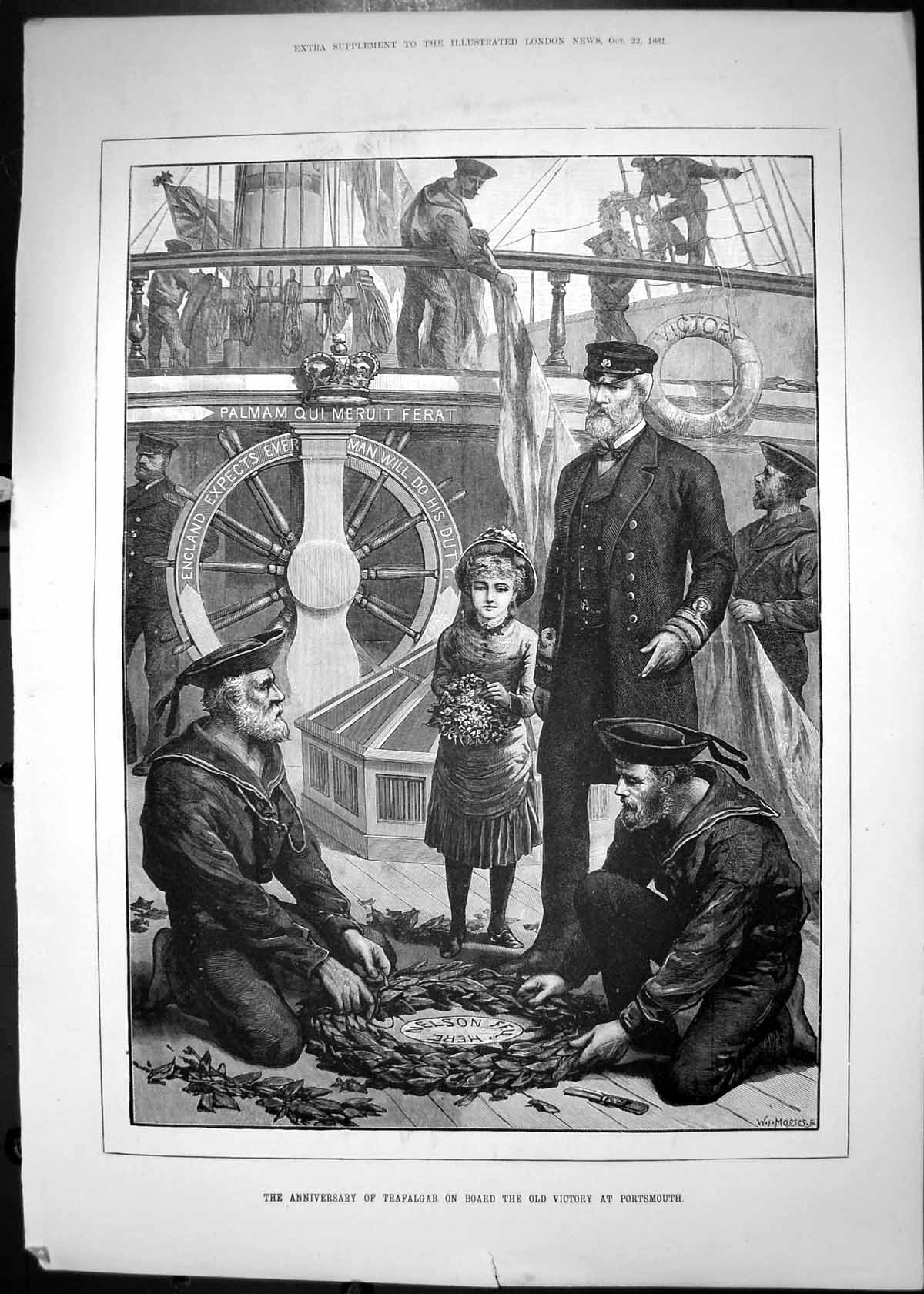 Antique Print Anniversary Trafalgar Scene Deck Ship Victory Portsmouth 1881