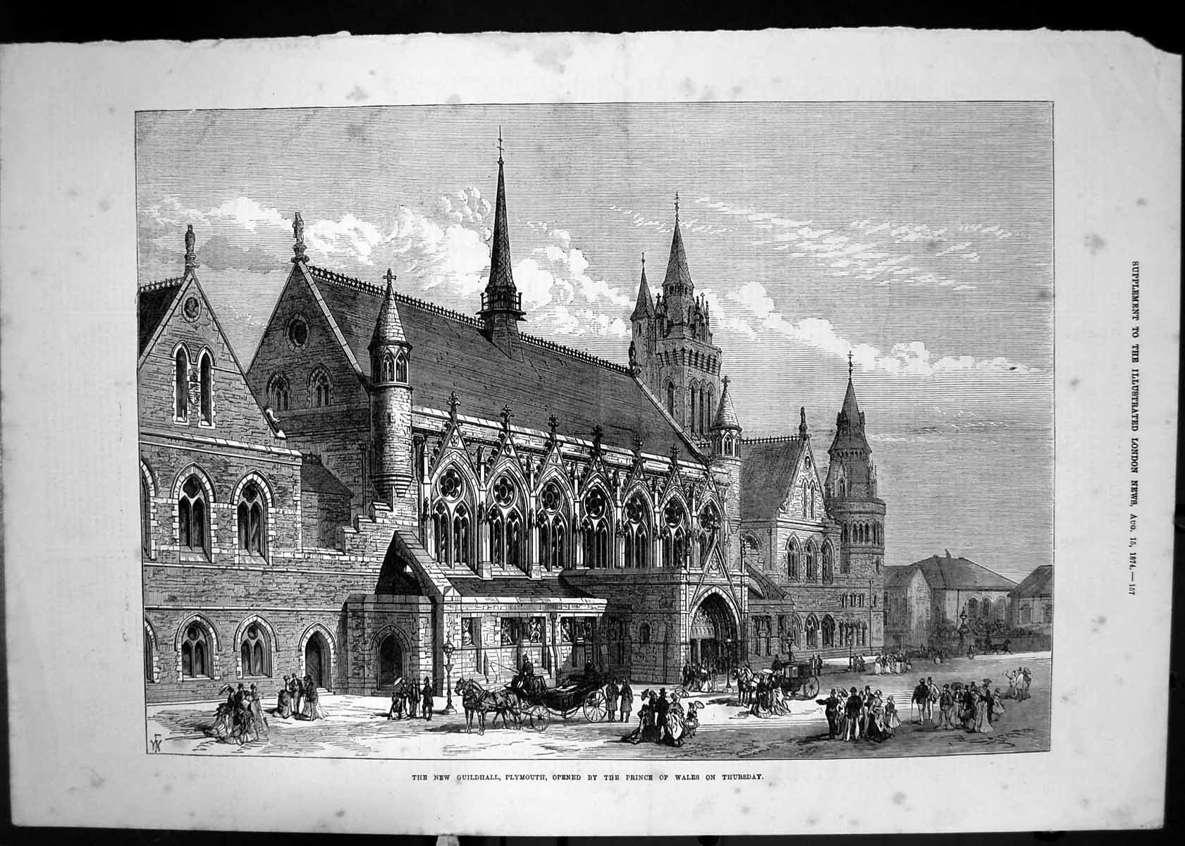 Antique Old Print 1874 Guildhall Plymouth Prince Wales Building Architecture