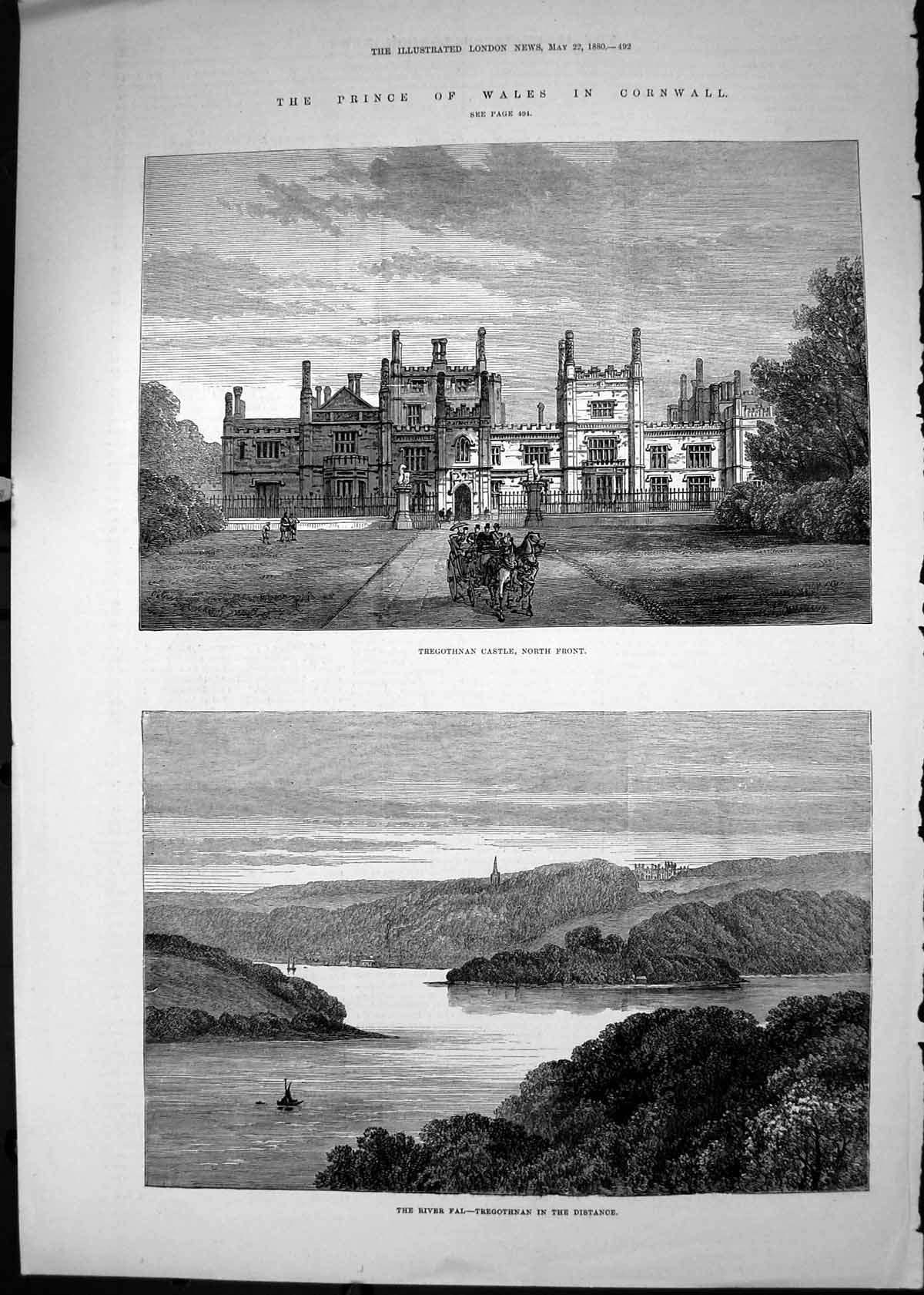 Original Old Antique Print 1880 Tregothnan Castle River Fal Cornwall Victorian