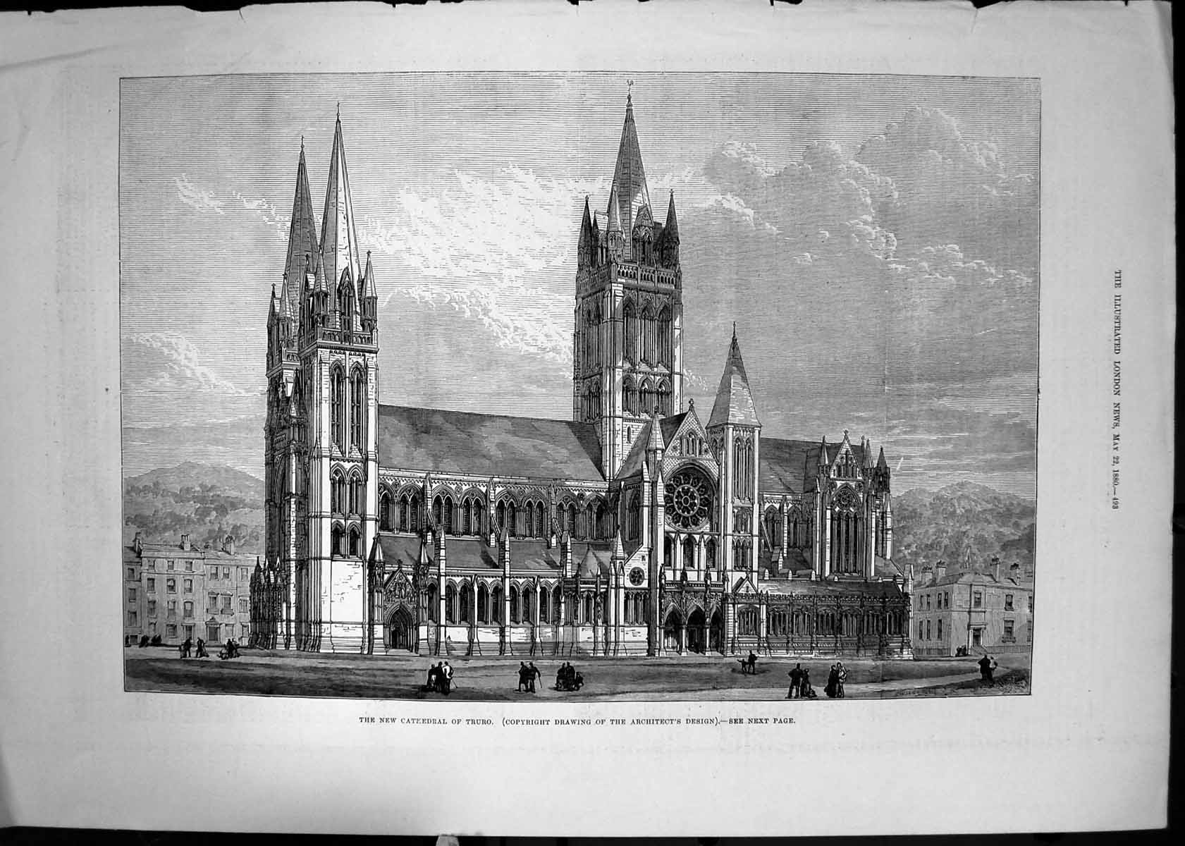 Original Old Antique Print Cathedral Truro Architecture 1880 19th