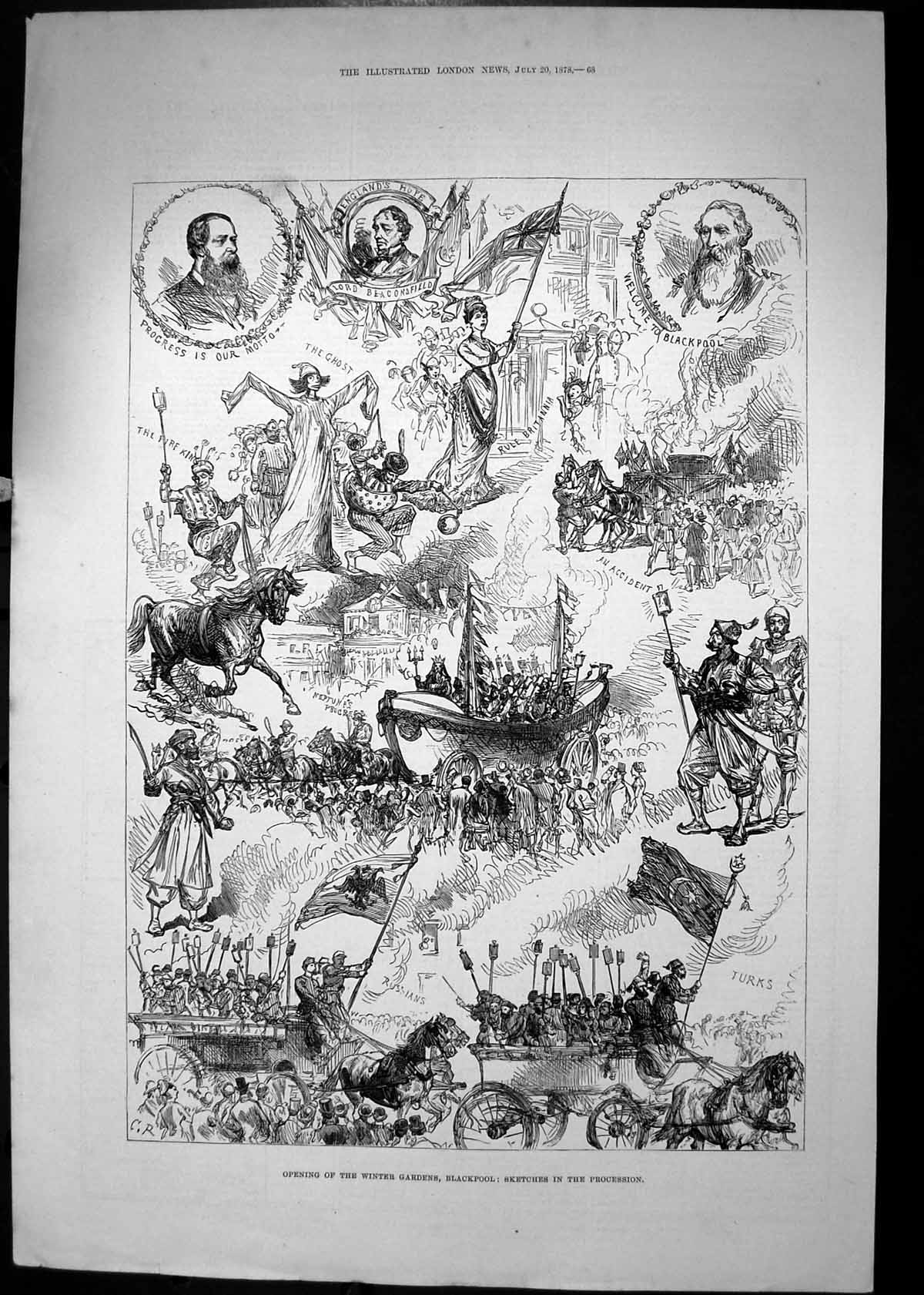 Old Antique Print 1878 Opening Winter Gardens Blackpool Lord Beaconsfield 19th