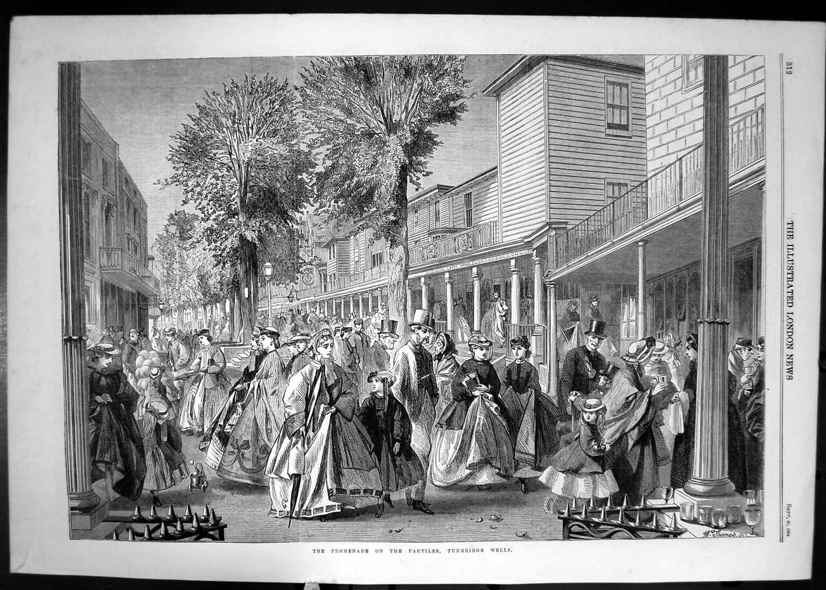 Original Old Antique Print Promenade Pantiles Tunbridge Wells 1864 Victorian