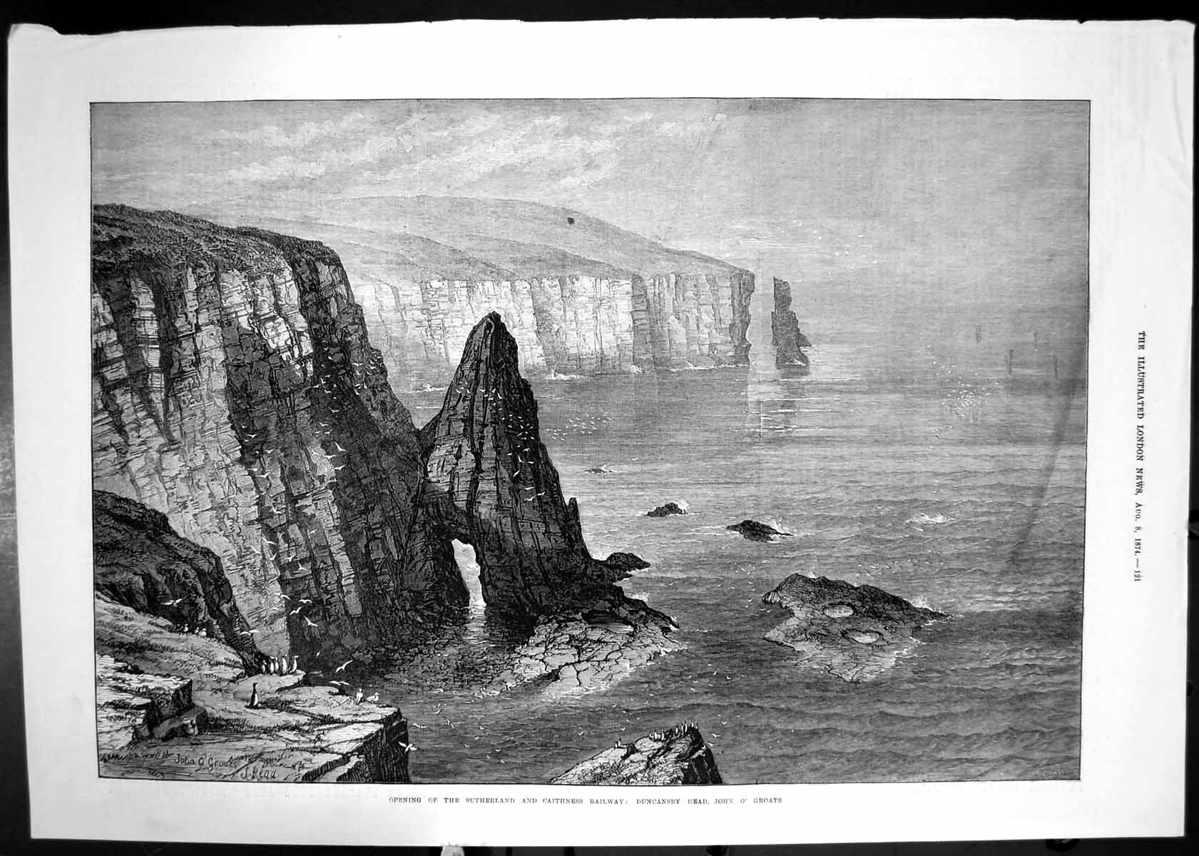 Original Old Antique Print Duncansby Head John O'Groats Caithness Railway 1874