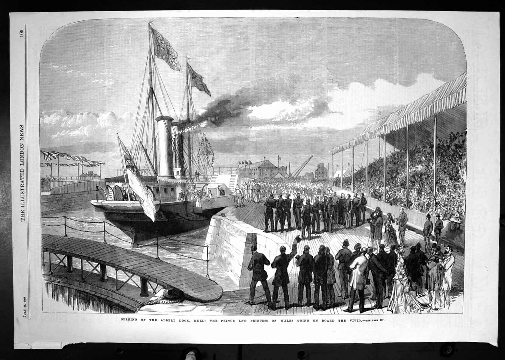 Old Antique Print 1869 Opening Albert Dock Hull Prince Wales Ship Vivid 19th