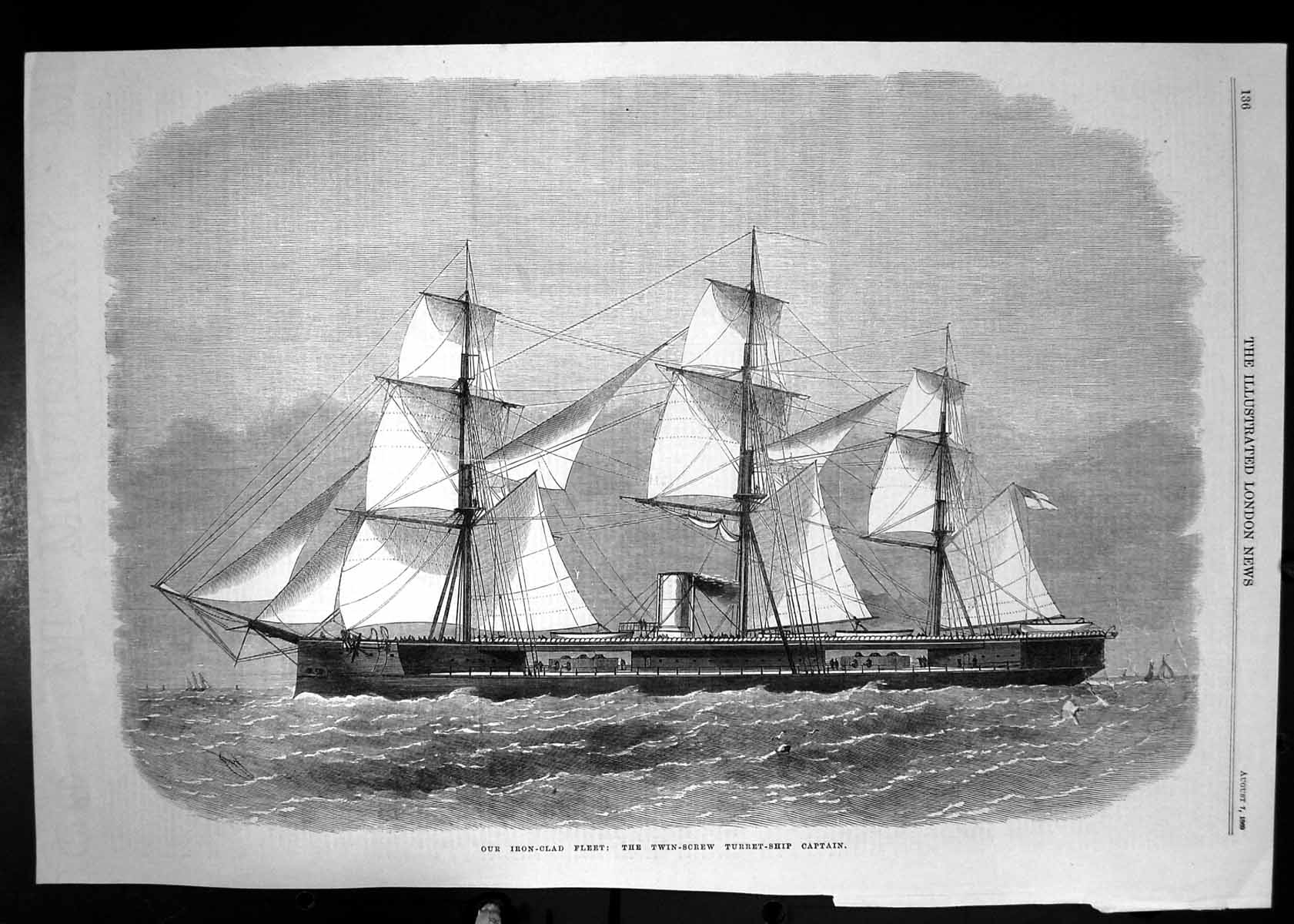 Original Old Antique Print 1869 Iron-Clad Fleet Twin-Screw Turret Ship Captain
