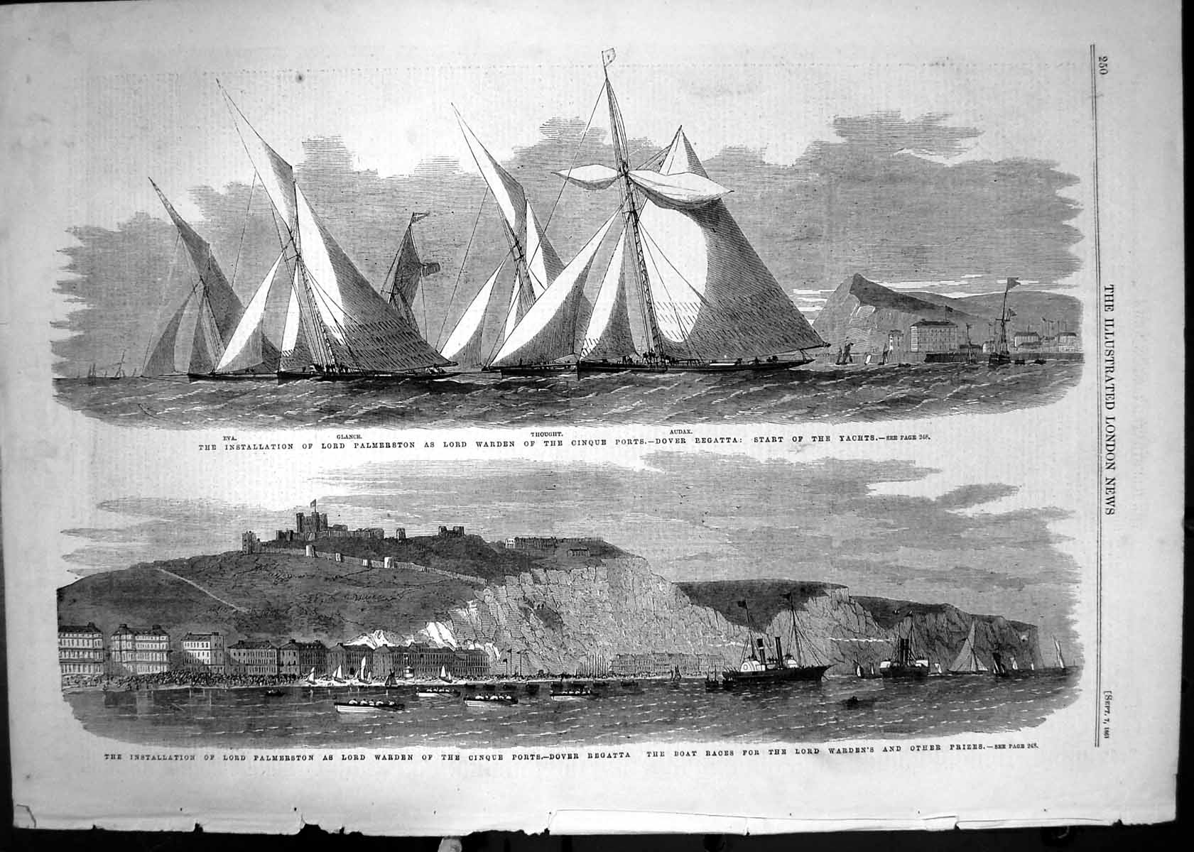 Antique Old Print Lord Palmerston Warden Dover Regatta Eva Audax Glance 1861