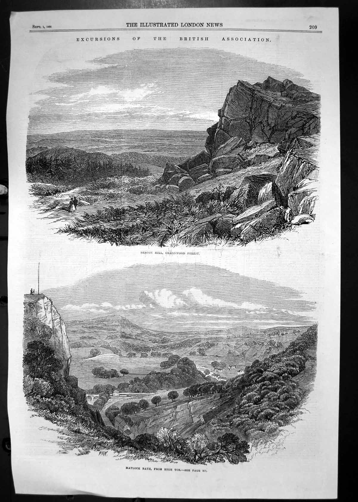 Old Antique Print Beacon Hill Charnwood Forest Matlock Bath High Tor 1866 19th