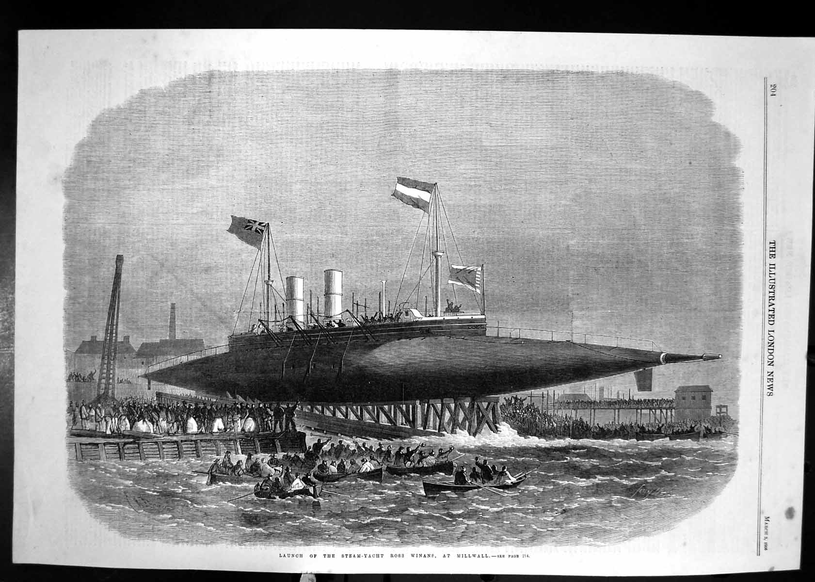 Original Old Antique Print Launch Steam Yacht Ship Ross Winans Millwall 1866