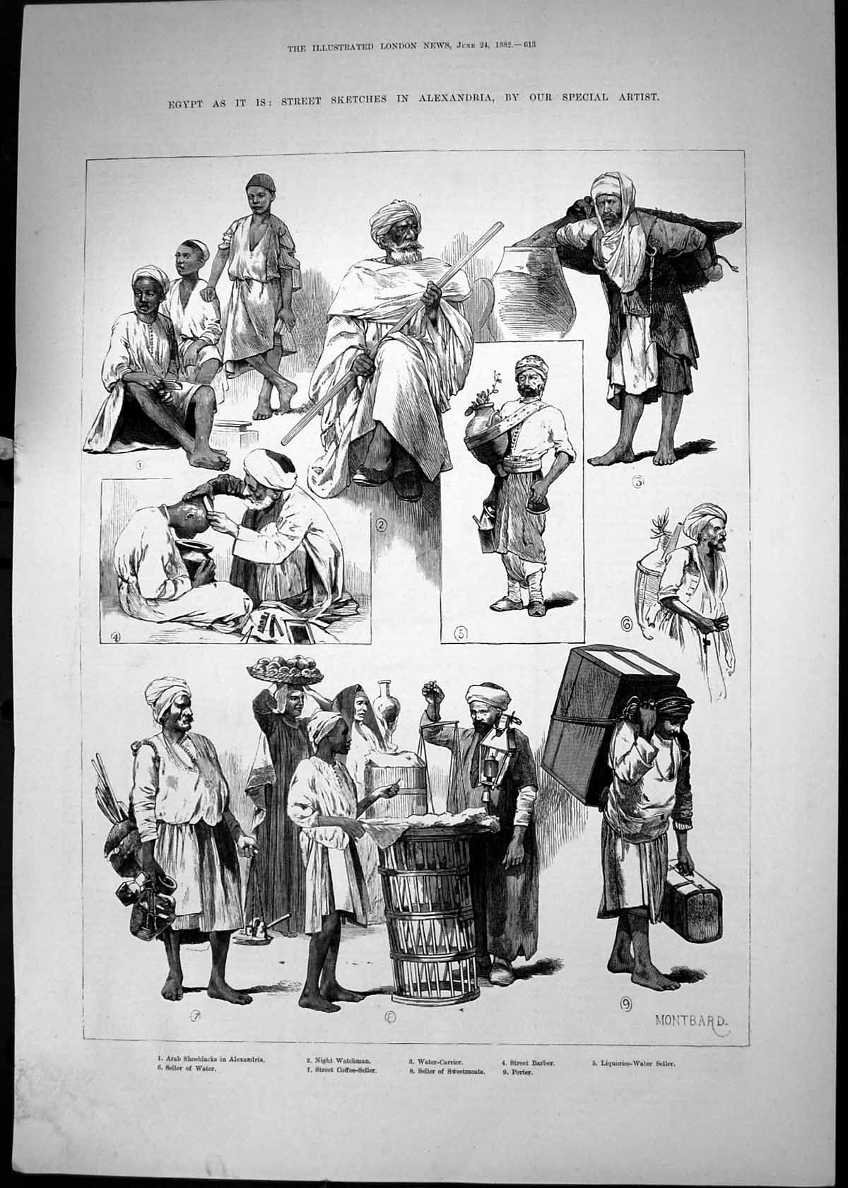 Original Old Antique Print Alexandria Arab Shoeblacks Street Barber Porter 1882