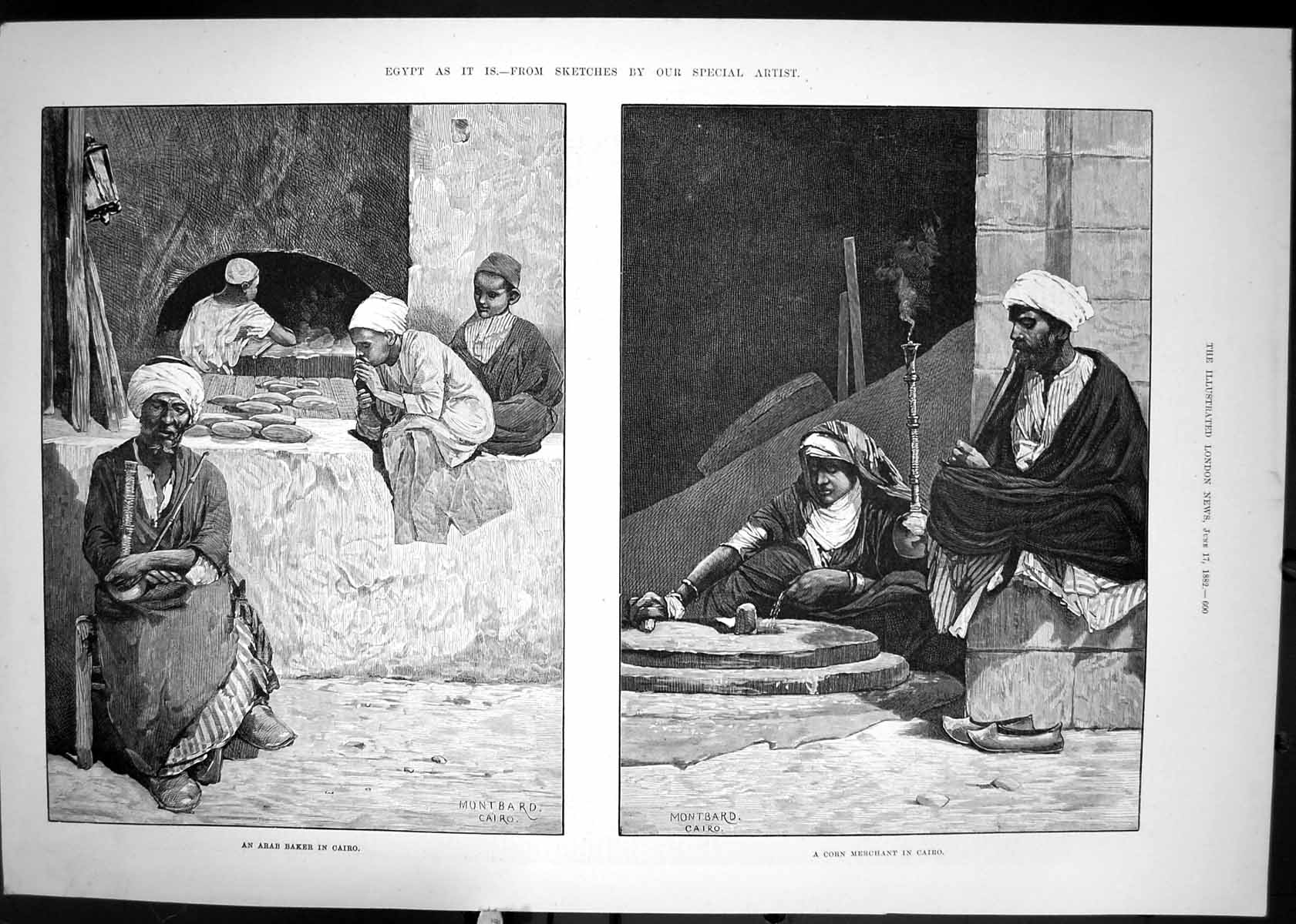 Original Old Antique Print Arab Baker Cairo Egypt Corn Merchant 1882 Victorian