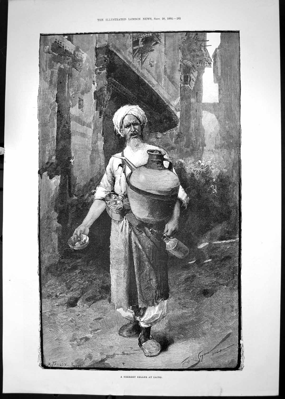 Original Old Antique Print 1884 Sherbert Seller Cairo Egypt Street Scene 19th