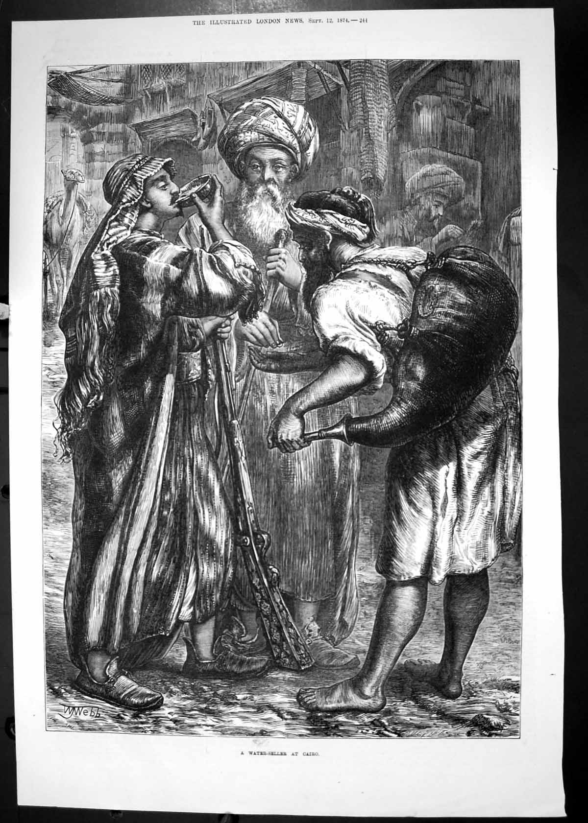 Old Antique Print 1874 Water Seller Cairo Egypt Men Drinking Street Scene 19th