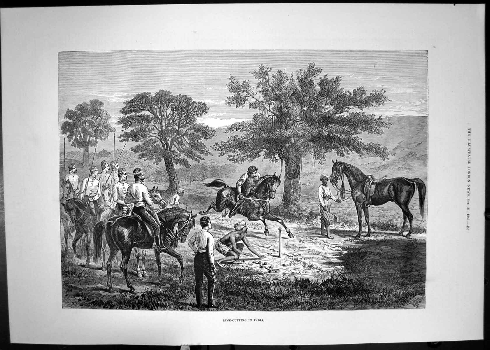 Original Old Antique Print 1885 Lime Cutting India Sport Horses 19th