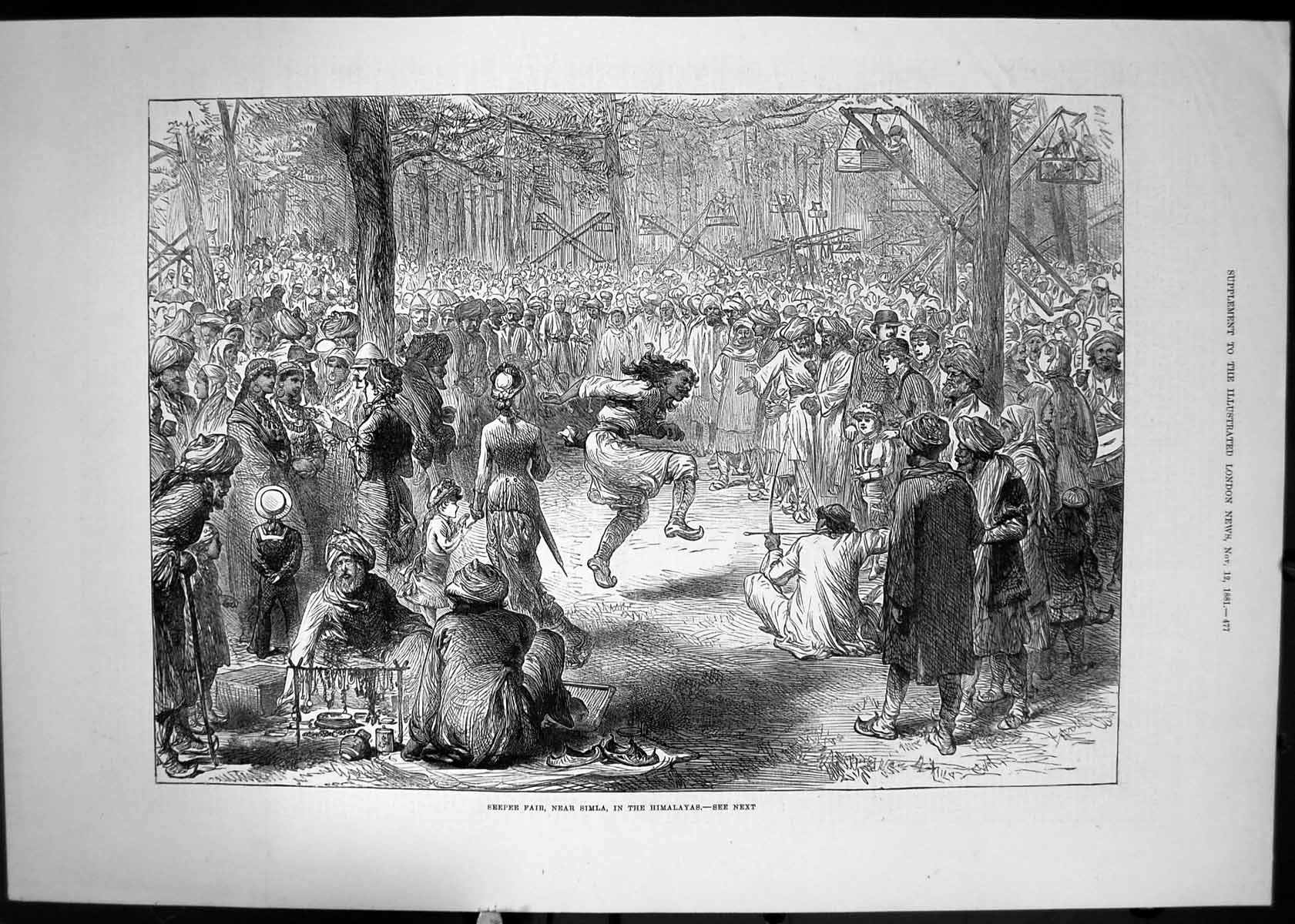 Original Old Antique Print 1881 Seepee Fair Simla Himalayas Entertainment 19th
