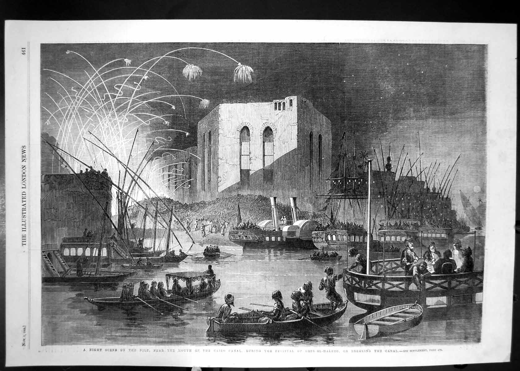Antique Old Print Night Scene River Nile Canal Festival Gebr-El-Haleeg 1862