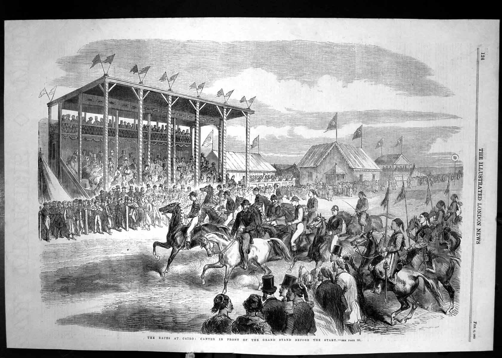 Antique Old Print 1861 Horse Racing Cairo Egypt Grand Stand Spectators Sport