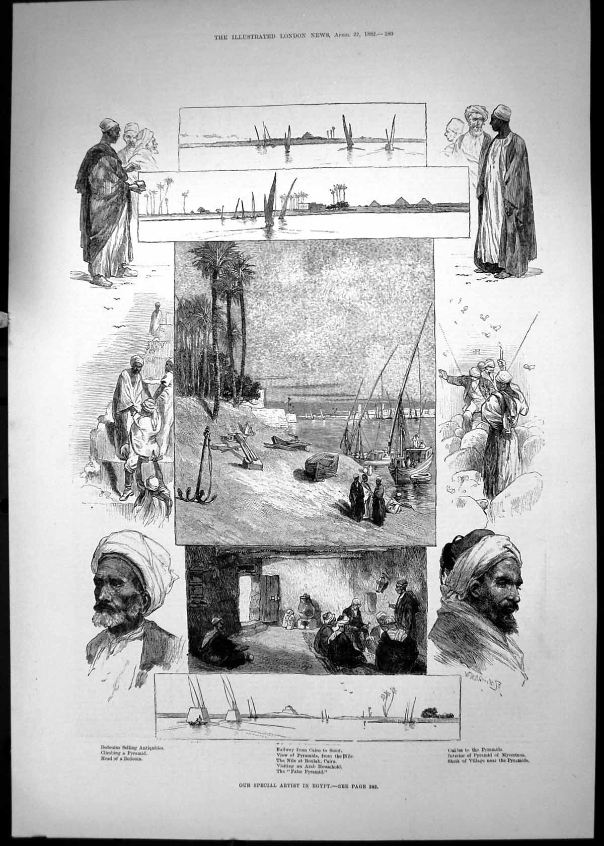Original Old Antique Print Egypt Bedouins Sheik Nile Pyramids Boulak Cairo 1882