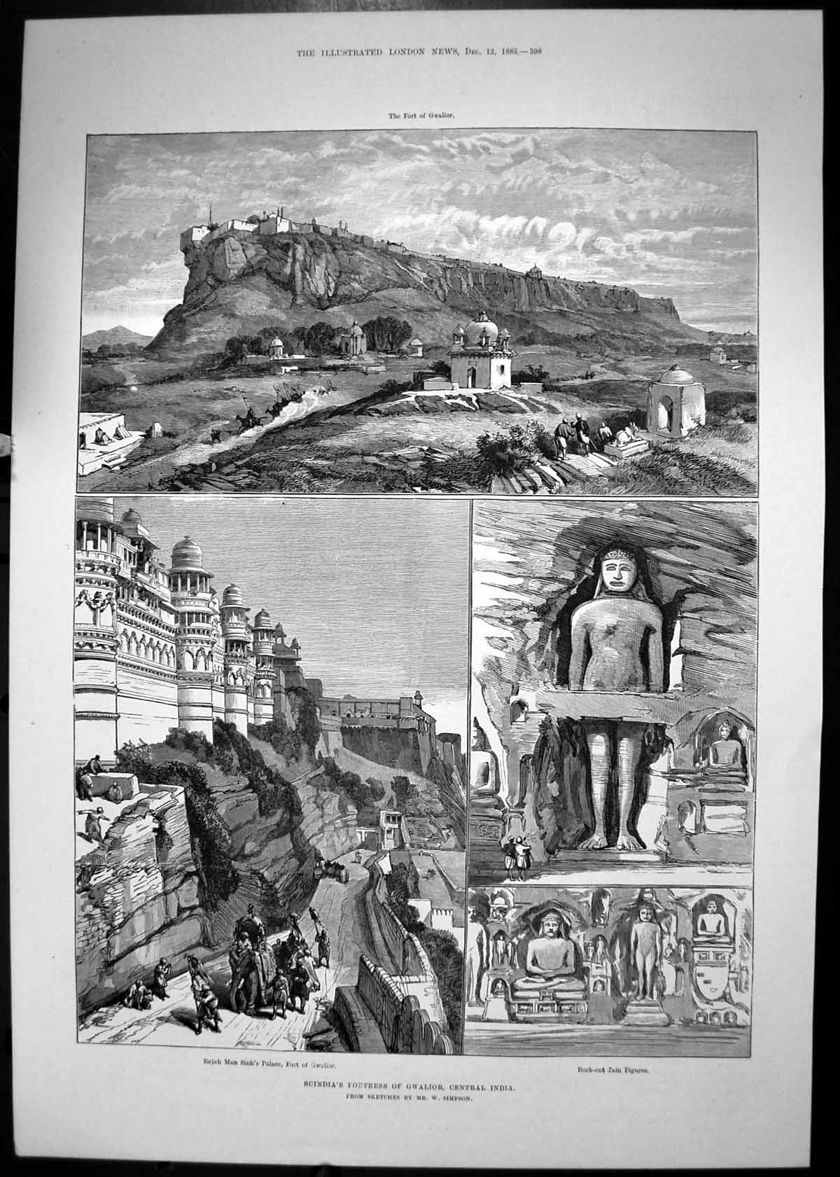 Old Print 1885 Scindia Fortress Gwalior India Fort Rajah Sinh Palace Jain 19th