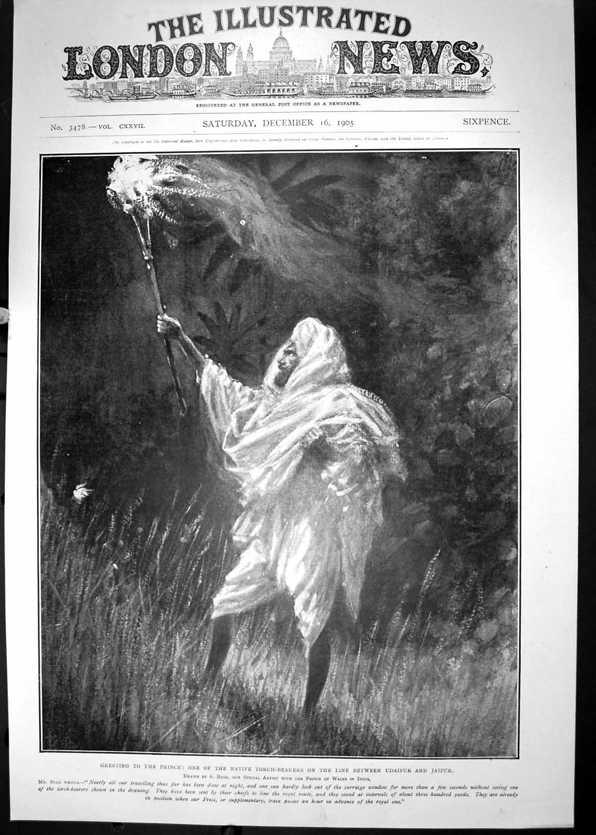 Antique Old Print Native Torch Bearer Prince Wales India Udaipur Jaipur 1905