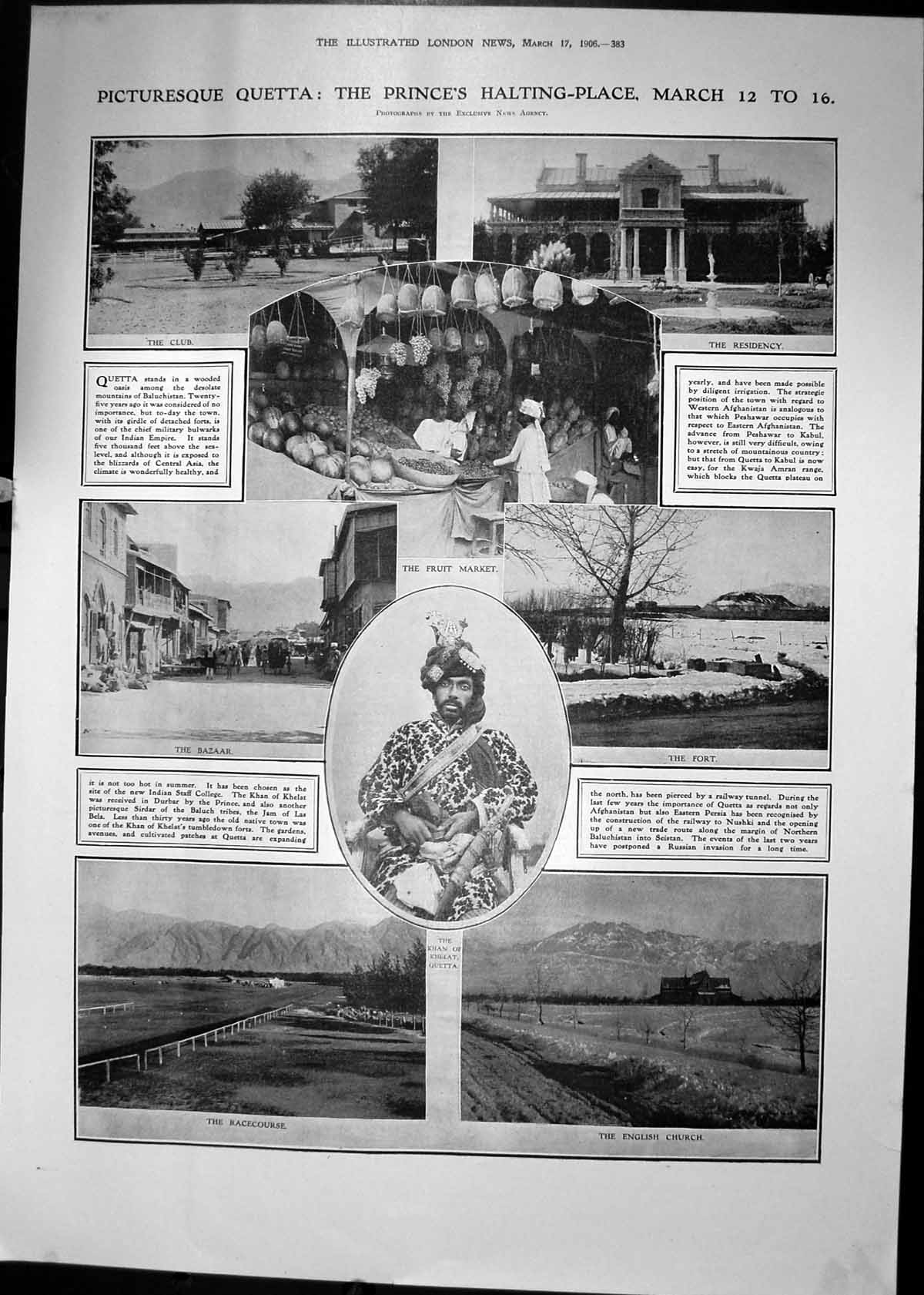 Old Print 1906 Quetta Prince Wales India Fruit Market Khan Khelat Church 20th