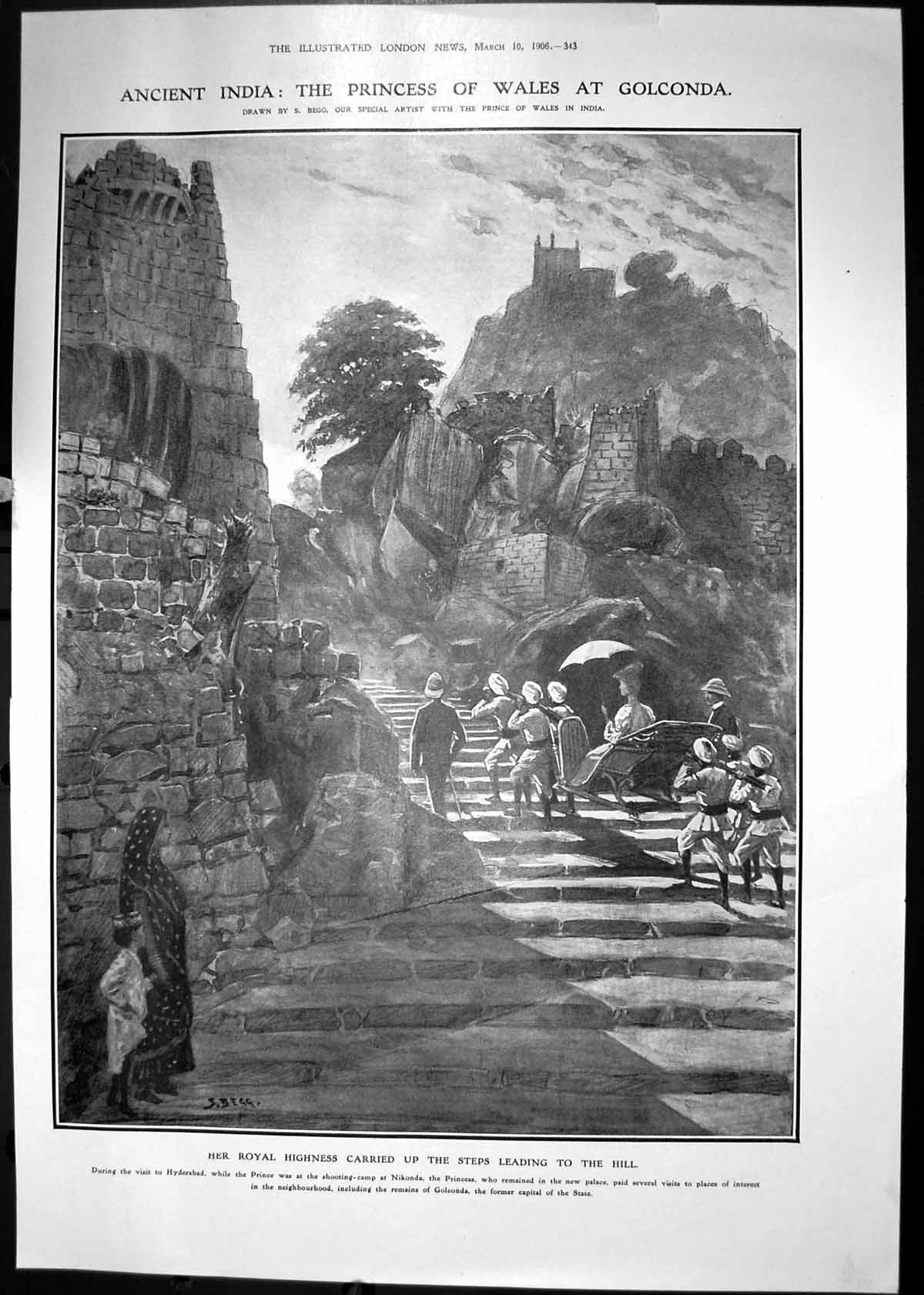 Antique Old Print 1906 India Princess Wales Golconda Hyderabad Shooting Camp