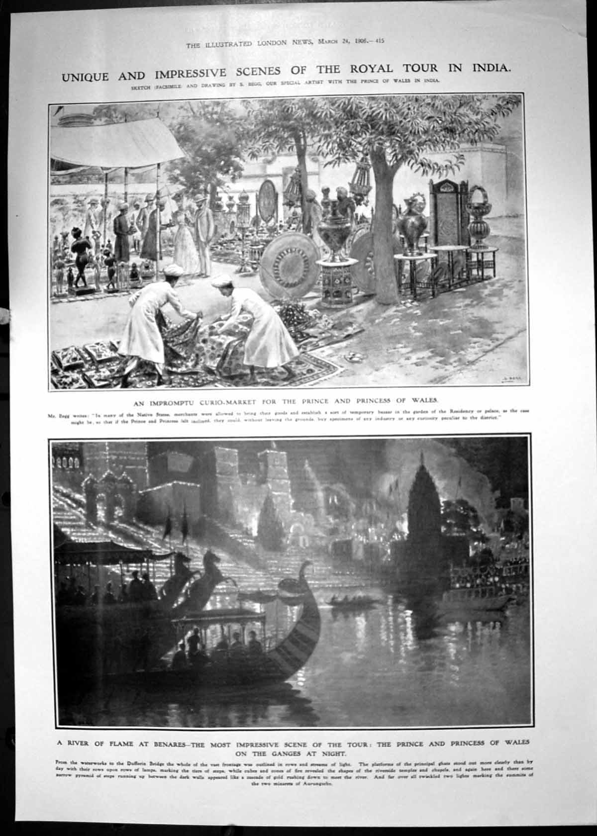 Old Print Royal Tour India Curio-Market Prince Wales Benares Ganges 1906 20th