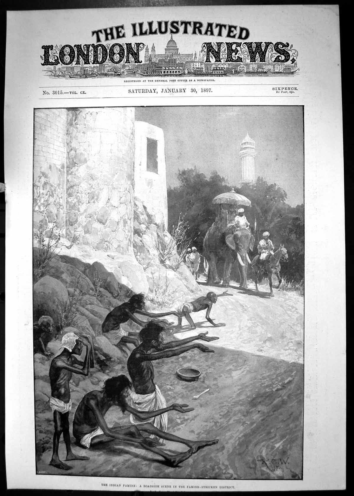 Old Antique Print 1897 Indian Famine Roadside Scene Poor People Elephant 19th