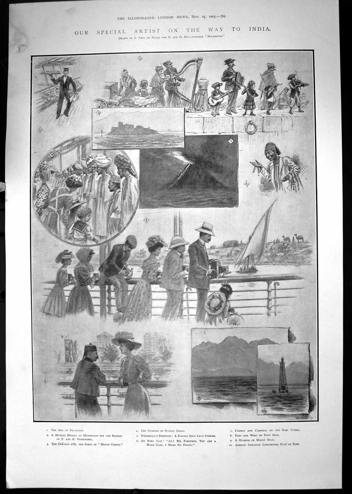 Antique Old Print 1905 P And O Mail Steamer Ship Macedonia Passengers India