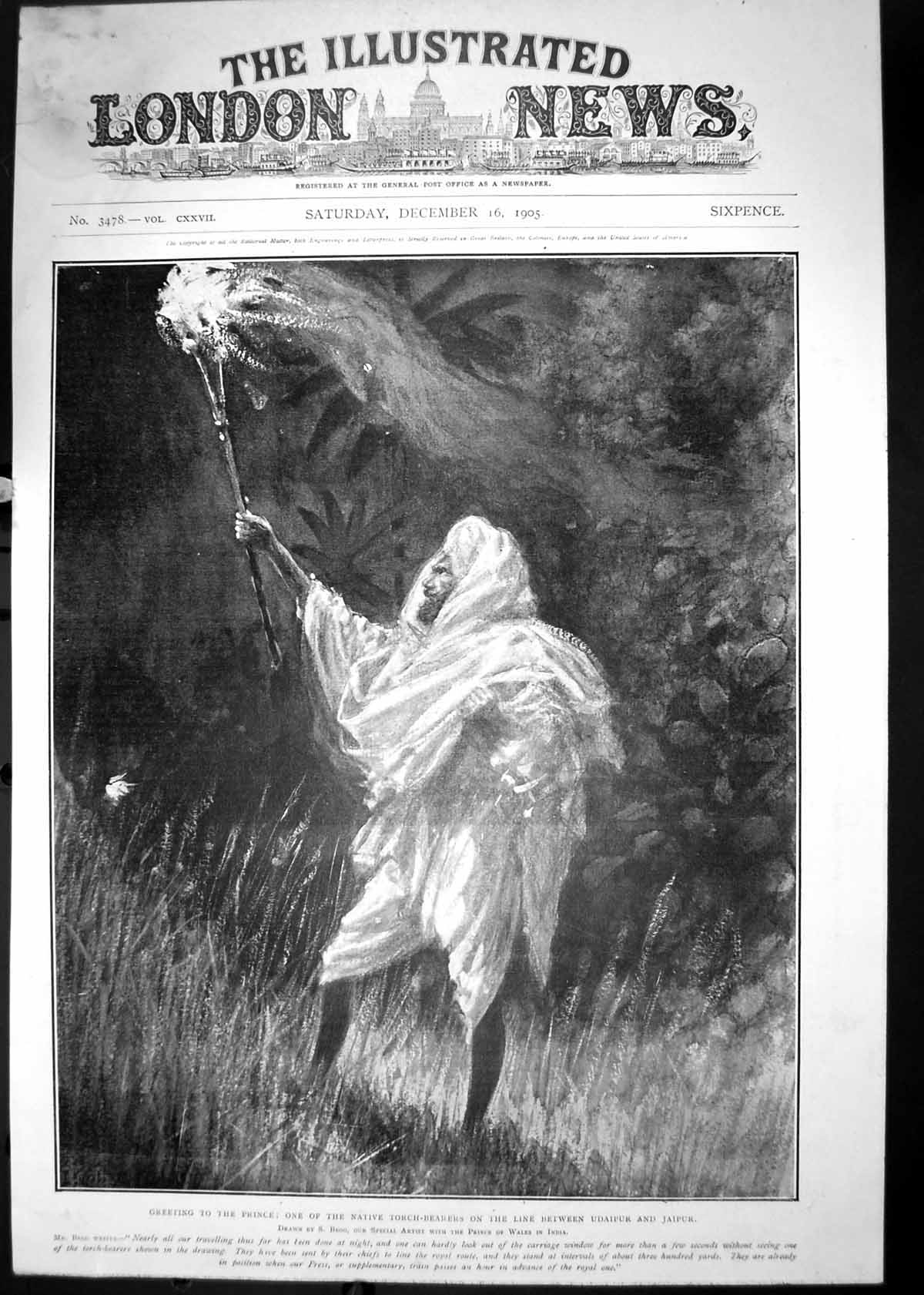 Antique Old Print 1905 Native Torch Bearer Prince Wales India Udaipur Jaipur
