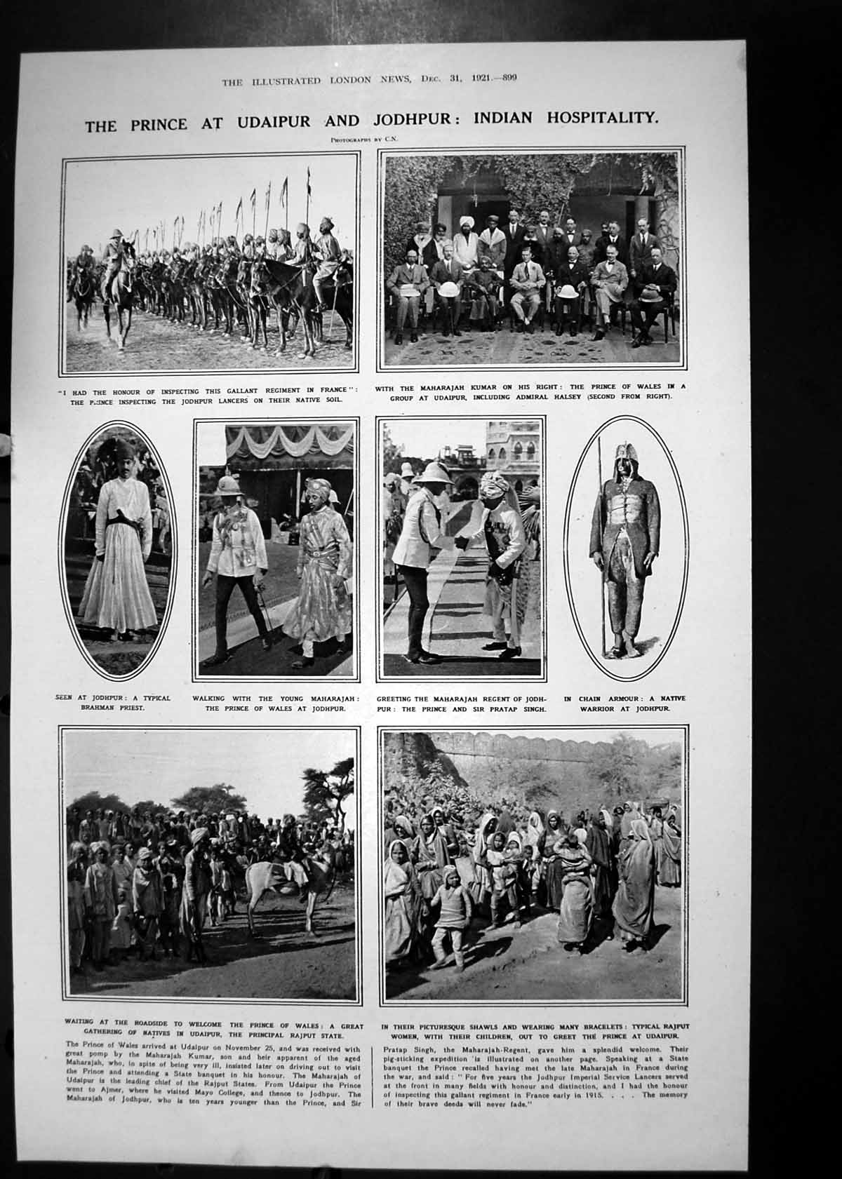 Old Print 1921 Prince Wales Udaipur Jodhpur India Priest Maharajah Singh 20th