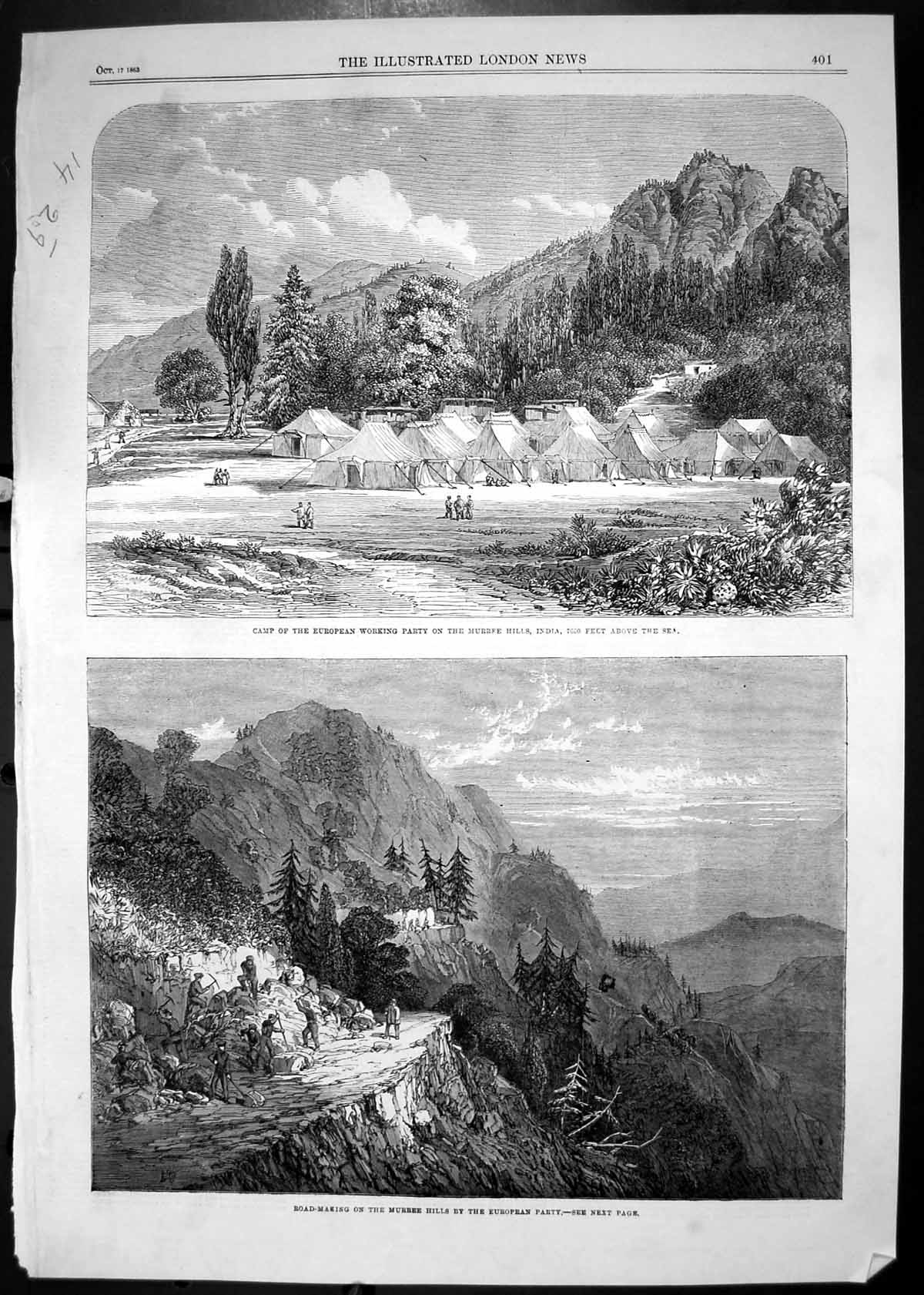 Original Old Antique Print 1863 Camp European Working Party Murree Hills India