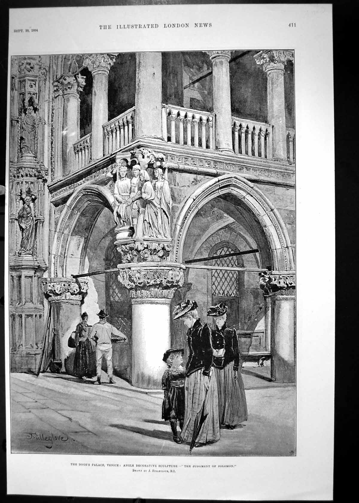 Print 1894 Doge'S Palace Venice Angle Decorative Sculpture Judgement Solomon